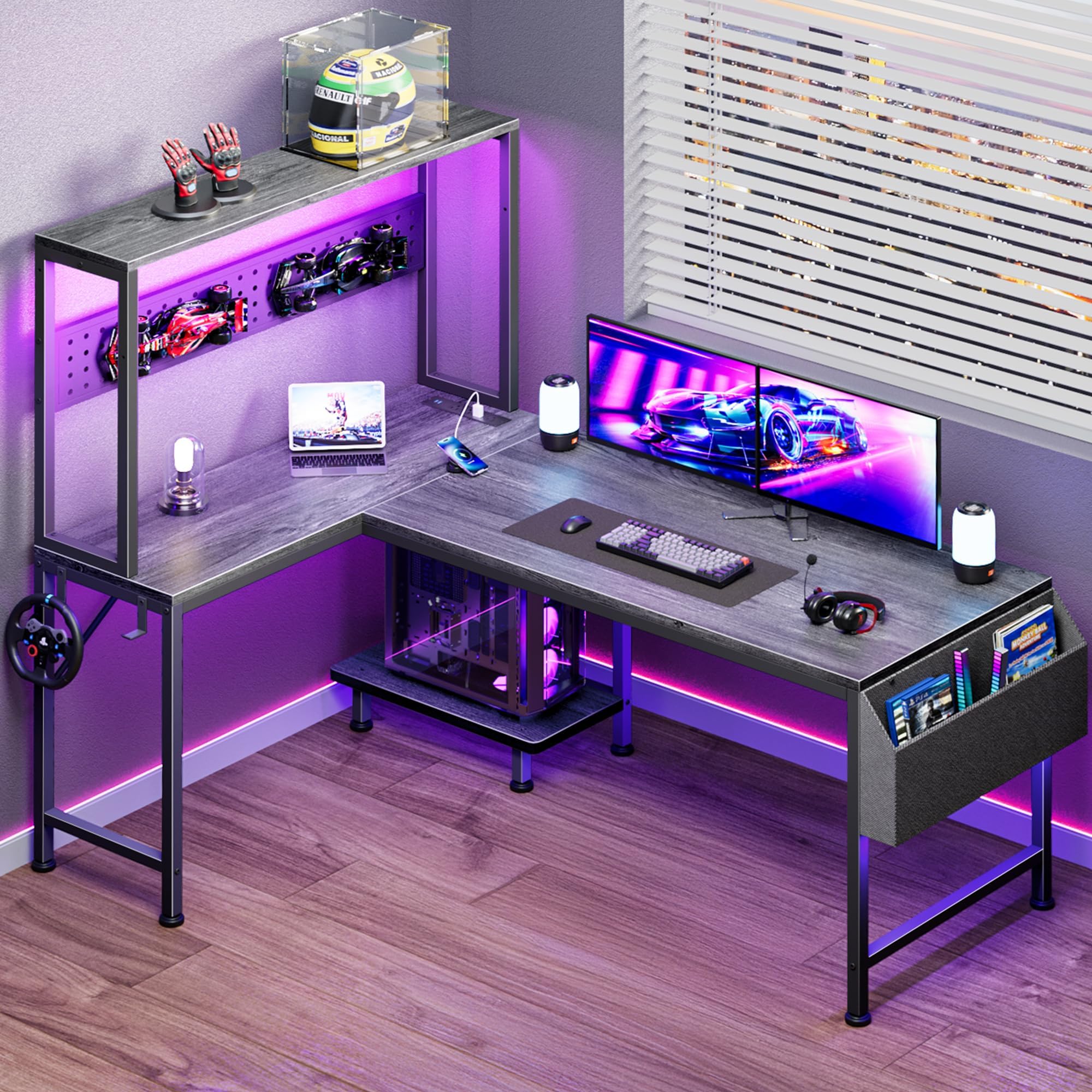 PRAISUN L Shaped Gaming Desk with LED Lights & Power Outlets, Reversible Computer Desk with Storage Shelves & Bag, Large Corner Home Office Desk with Pegboard for Work from Home, Black - Flex Gamingproduct_type
