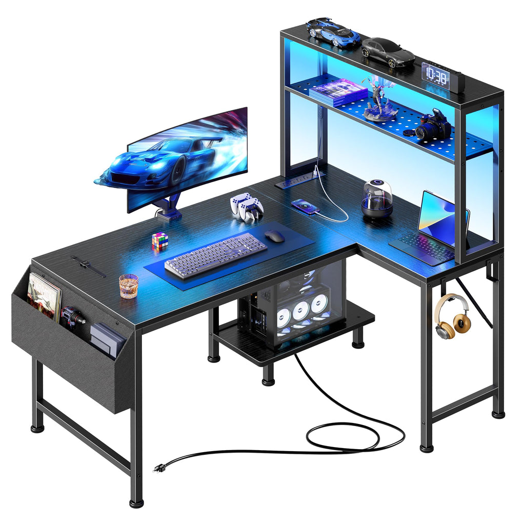 PRAISUN L Shaped Gaming Desk with LED Lights & Power Outlets, Reversible Computer Desk with Storage Shelves & Bag, Large Corner Home Office Desk with Pegboard for Work from Home, Black - Flex Gamingproduct_type