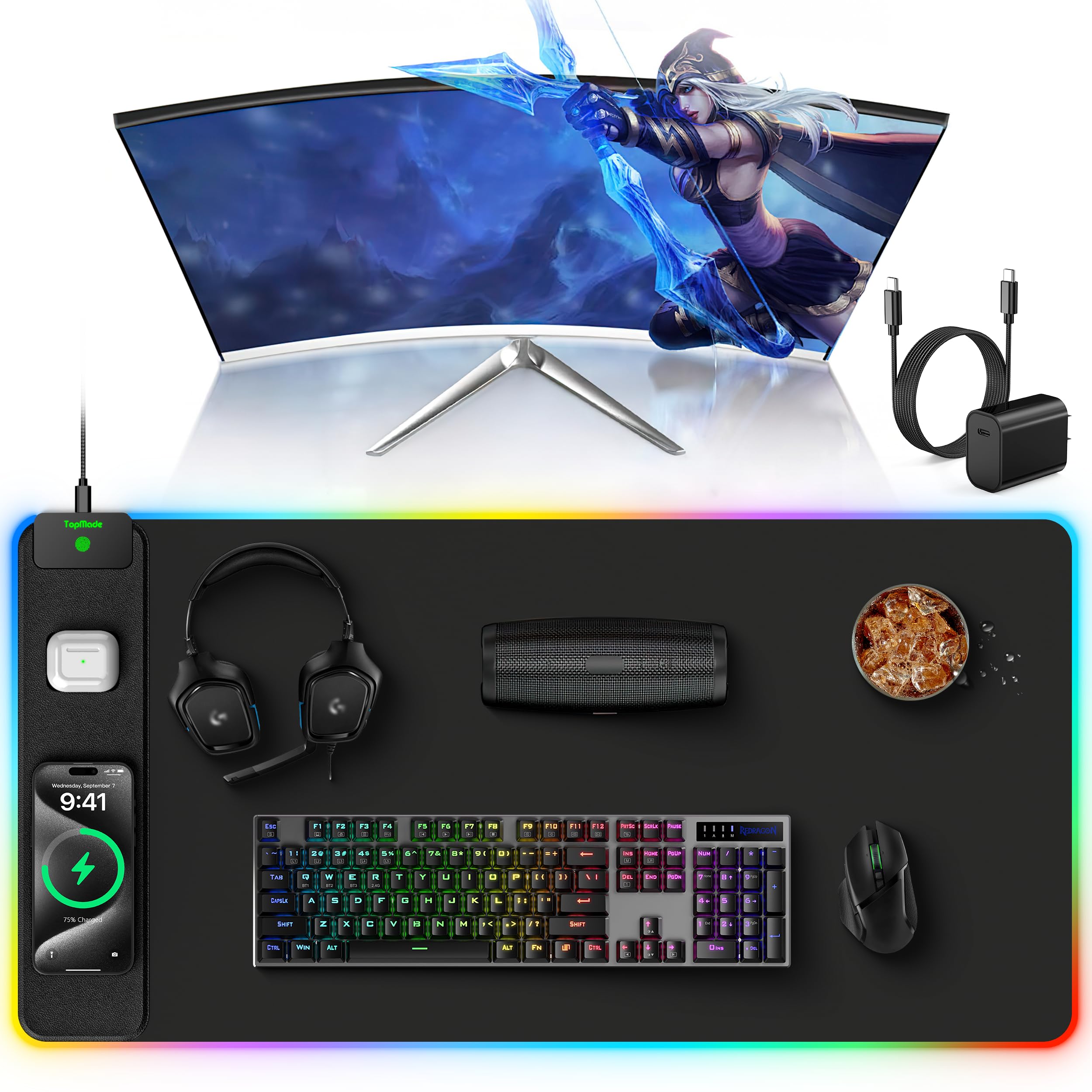 TopMade Wireless Charging RGB Mouse Pad, Waterproof Gaming Desk Mat with 4 Light Modes & 11 RGB Colors, 31.5"x15.75" XXL Large Desk Pad(Includes 20W PD Power Adapter & 6.56ft Woven Cable) - Flex Gamingproduct_type