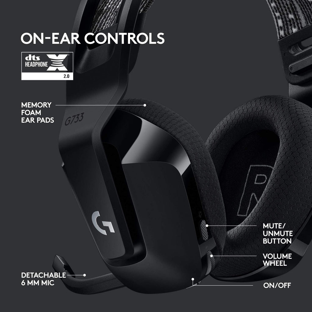 Logitech G733 Lightspeed Wireless Gaming Headset, Suspension Headband, Lightsync RGB, Blue VO!CE Mic, PRO-G Audio – Black, Gaming Headset Wireless, PC, PS5, PS4, Switch Compatible - Flex Gamingproduct_type