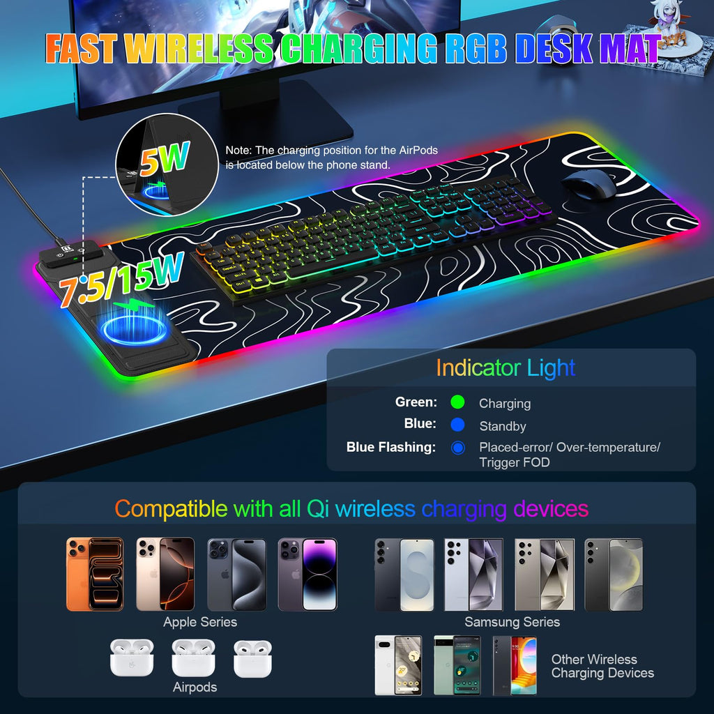 XXL Mouse Pad with Phone Holder - Black, RGB Desk Mat with 15W Fast Charging, LED Gaming Mousepad with 11 Light Colors, Waterproof Non-Slip Pad for Office & Home (Wave) - Flex Gamingproduct_type