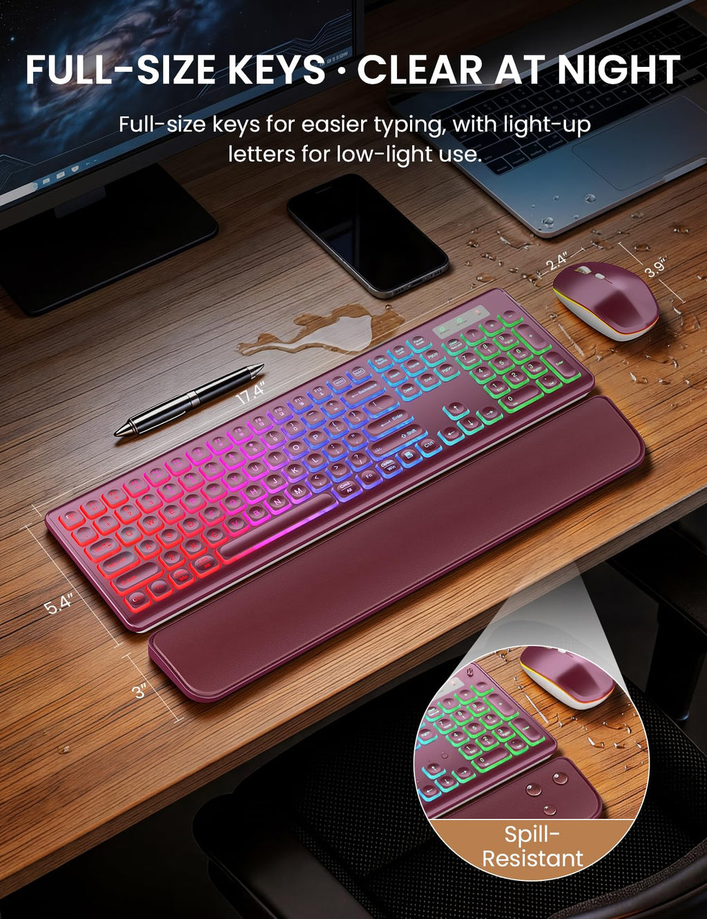 Wireless Keyboard and Mouse Combo, RGB Backlit, Rechargeable & Light Up Letters, Full-Size, Soft Typing, Sleep Mode, 2.4GHz Quiet Keyboard Set for Mac, Windows, Laptop, PC, Trueque KM42Pro (Black) - Flex Gamingproduct_type