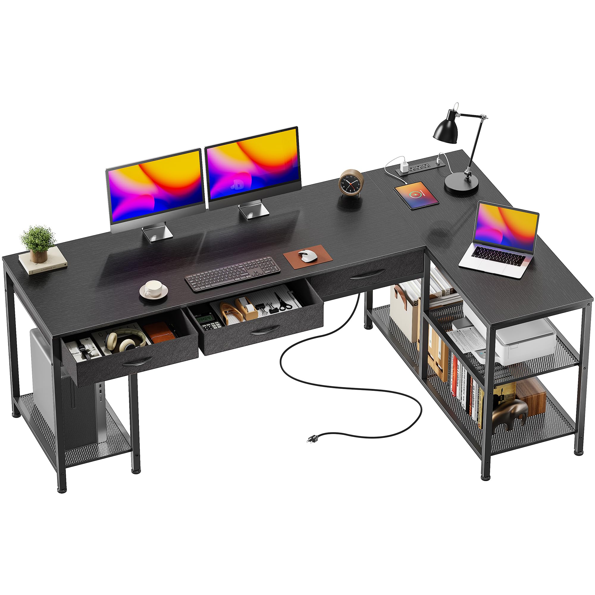 PRAISUN 55 Inch L Shaped Office Desk with Power Outlets and Type-C Port, Large Computer Gaming Desk with 3 Fabric Drawers, Mesh Shelves, Corner Study Work Writing Desk, Rustic Brown - Flex Gamingproduct_type