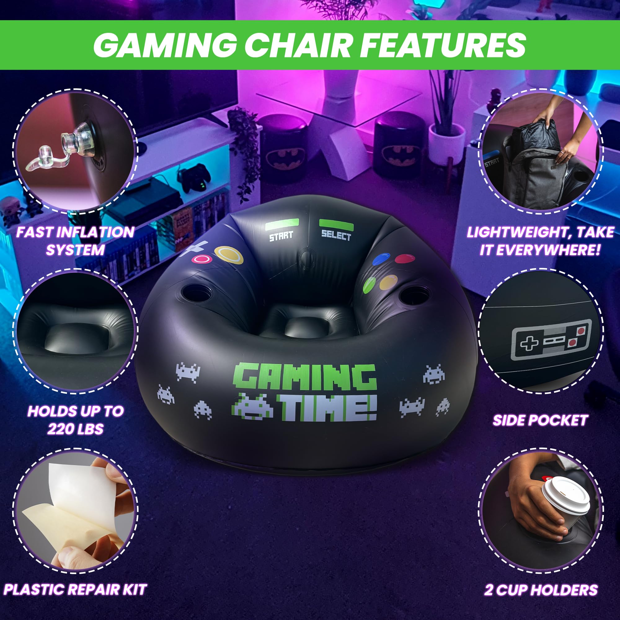 Inflatable Gaming Chair for Kids & Teens with Cup Holders and Side Pocket - This Air Gaming Bean Bag Chairs for kids is The Perfect Furniture for Gamer Room Decor - Perfect Gaming Stuff for boys 4-12 - Flex Gamingproduct_type
