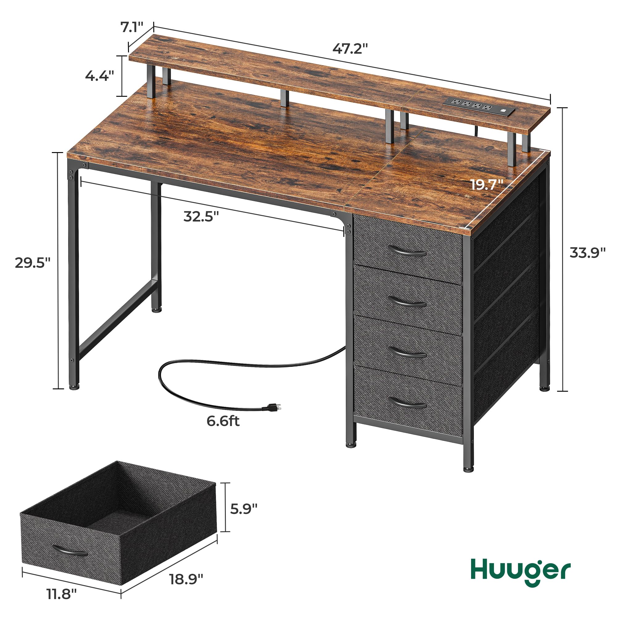 Huuger 47 Inch Computer Desk with Power Outlets and LED Lights, Gaming Desk with 4 Drawers, Office Desk with Monitor Stand, Study Work Home Office, Small Spaces, Black - Flex Gamingproduct_type