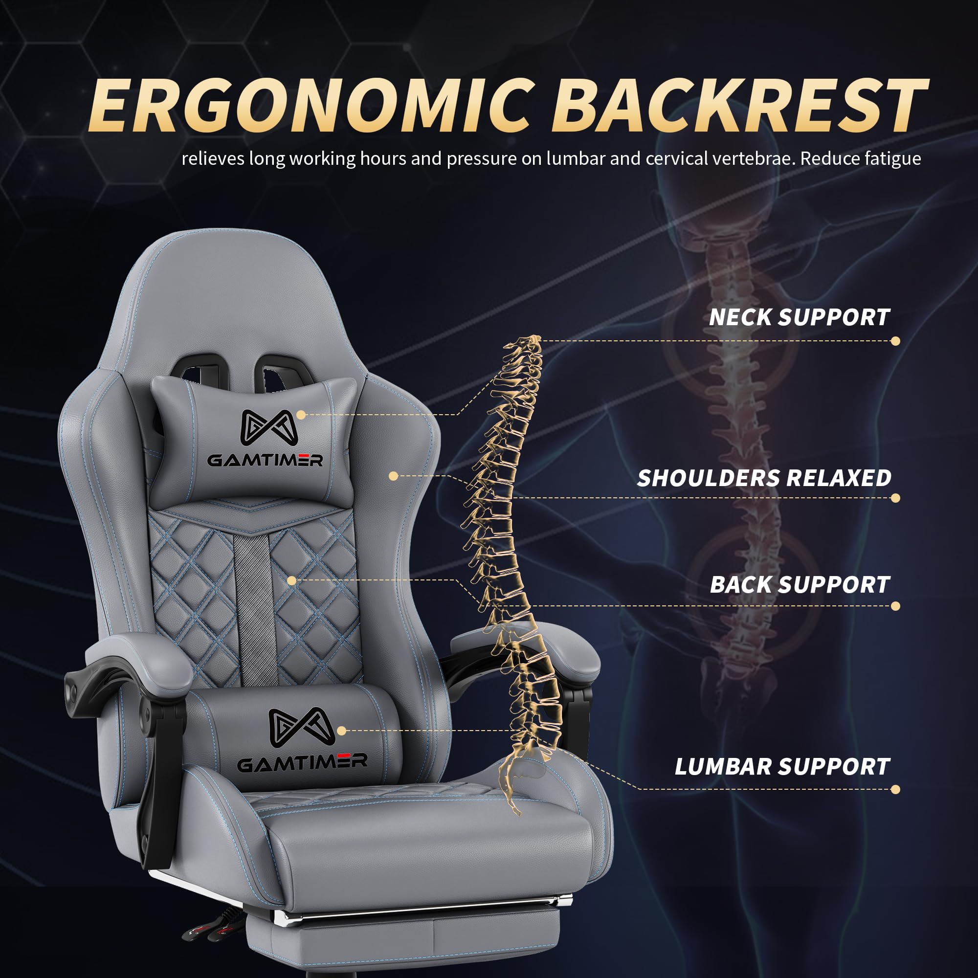 Gamtimer Gaming Chair, 400 LB Weight Capacity,with Pocket Spring Cushion | Ergonomic Backrest Office Chair,Leather, with Headrest and Lumbar Support, Footrest, Suitable for Adults(Blue) - Flex Gamingproduct_type