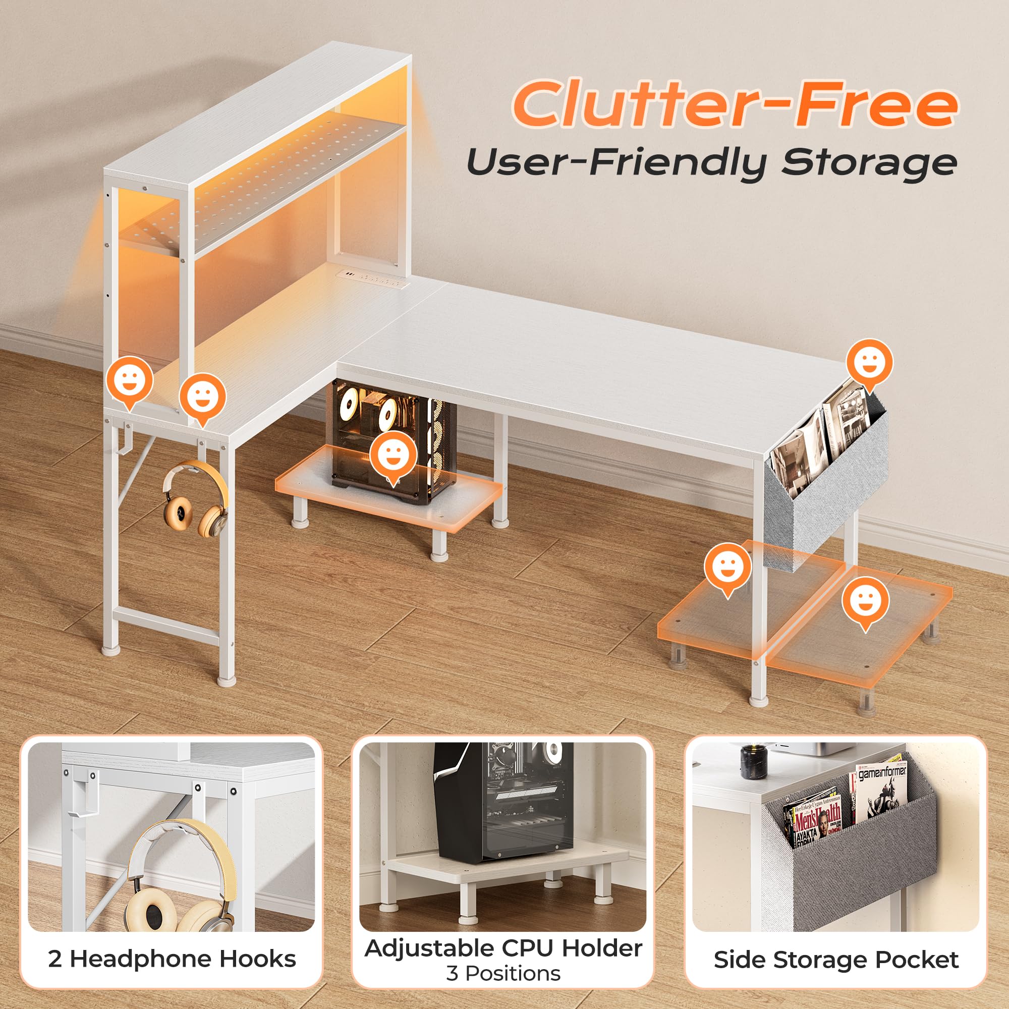 PRAISUN L Shaped Gaming Desk with LED Lights & Power Outlets, Reversible Computer Desk with Storage Shelves & Bag, Large Corner Home Office Desk with Pegboard for Work from Home, Black - Flex Gamingproduct_type