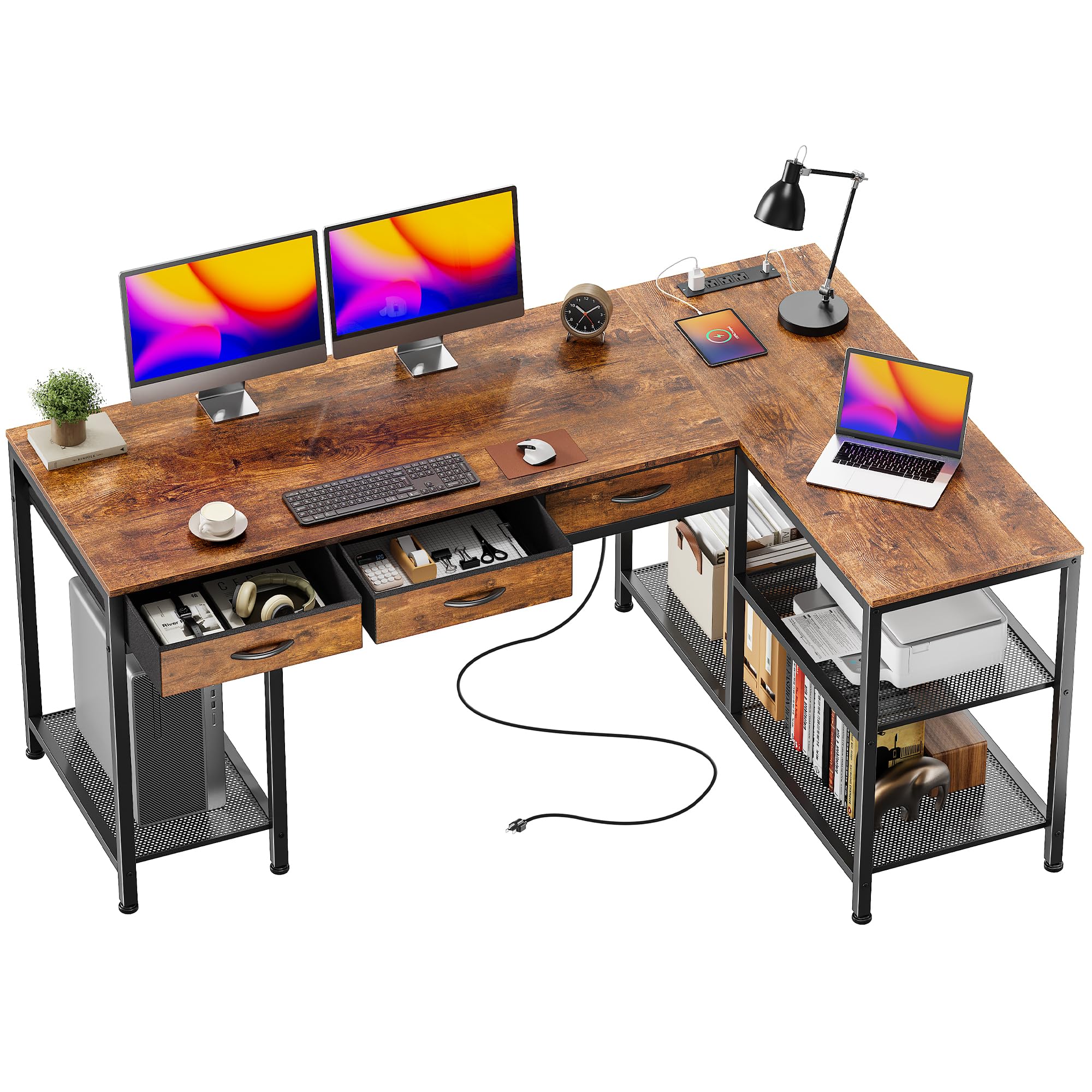 PRAISUN 55 Inch L Shaped Office Desk with Power Outlets and Type-C Port, Large Computer Gaming Desk with 3 Fabric Drawers, Mesh Shelves, Corner Study Work Writing Desk, Rustic Brown - Flex Gamingproduct_type