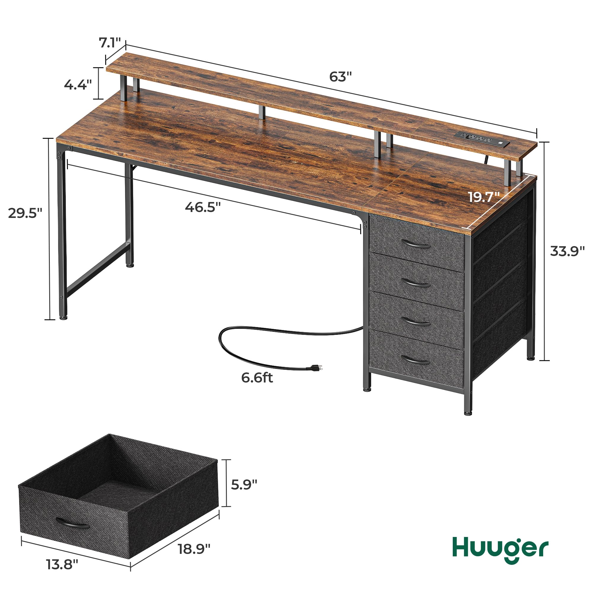 Huuger 47 Inch Computer Desk with Power Outlets and LED Lights, Gaming Desk with 4 Drawers, Office Desk with Monitor Stand, Study Work Home Office, Small Spaces, Black - Flex Gamingproduct_type