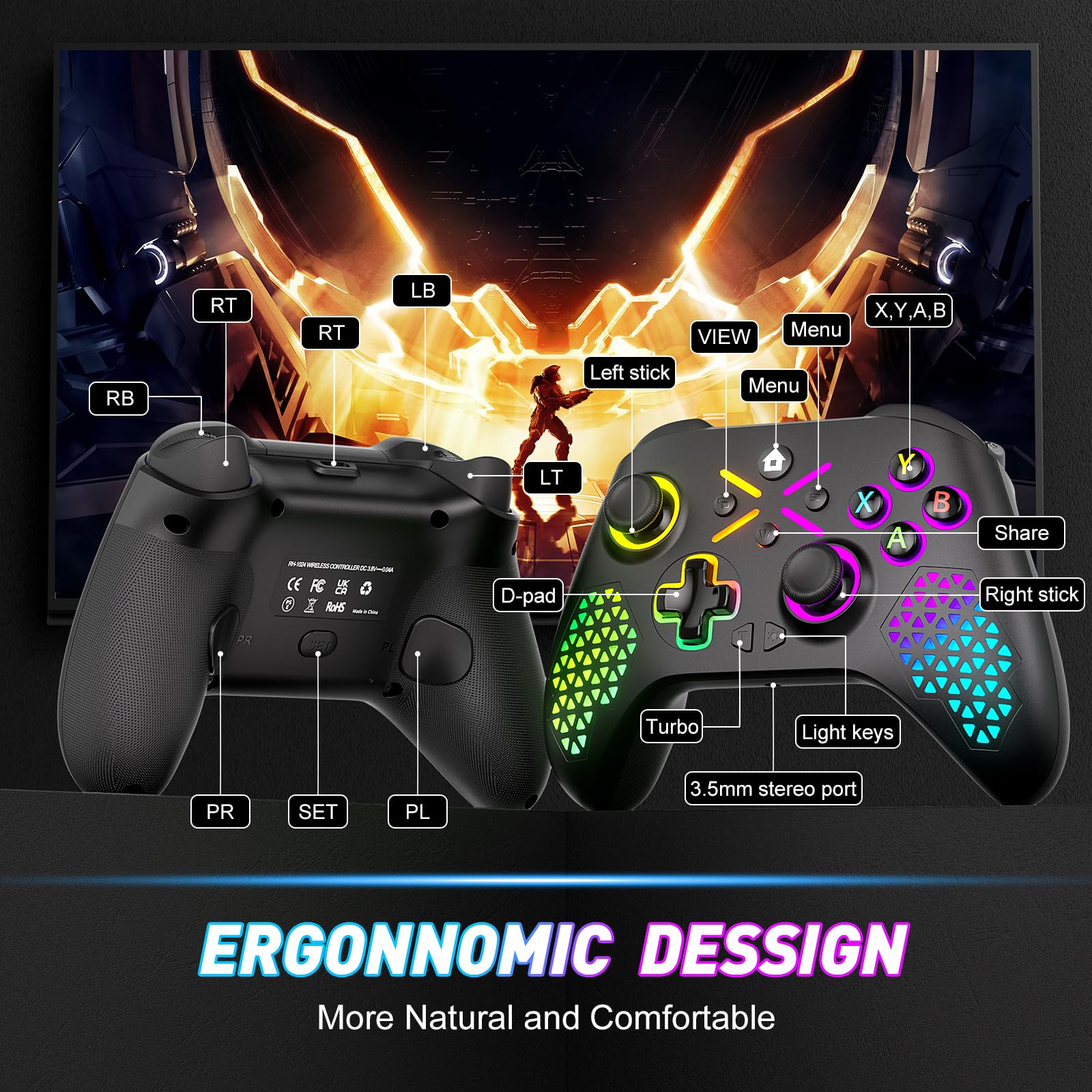 Gamrombo Wireless Gaming Controller Replacement for Xbox One, Xbox Series X|S, Xbox One S|X Controller with Hall Triggers, Hall Joysticks, Adjust RGB Light, Marco, Turbo, Audio Jack - Flex Gamingproduct_type