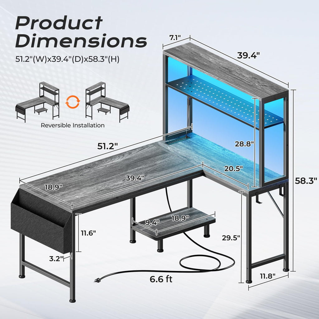 PRAISUN L Shaped Gaming Desk with LED Lights & Power Outlets, Reversible Computer Desk with Storage Shelves & Bag, Large Corner Home Office Desk with Pegboard for Work from Home, Black - Flex Gamingproduct_type