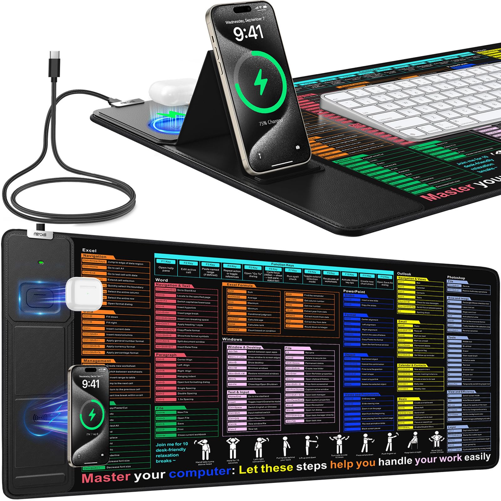 XXL Mouse Pad with Phone Holder - Black, RGB Desk Mat with 15W Fast Charging, LED Gaming Mousepad with 11 Light Colors, Waterproof Non-Slip Pad for Office & Home (Wave) - Flex Gamingproduct_type