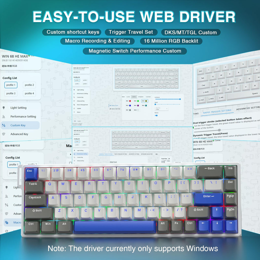 AULA WIN68 HE Mechanical Gaming Keyboard 60%, Hall Effect Magnetic Switch, Fast Trigger Mode Adjustable Actuation, 8000Hz Polling Rate, RGB Backlit, Wired Black Keyboard for Laptop/PC Gamer - Flex Gamingproduct_type
