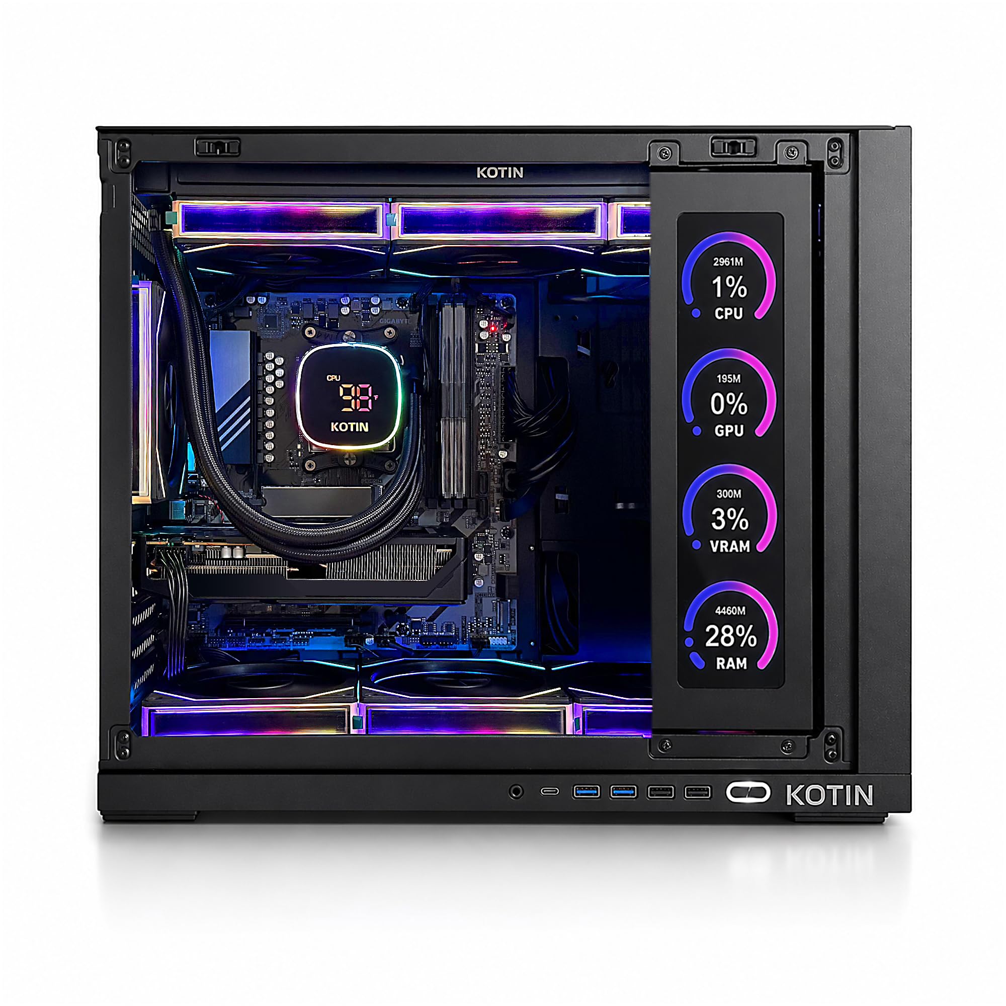 KOTIN Prebuilt Gaming PC RTX 5070 12GB, Ryzen 7 9700X, 32GB DDR5, 1TB SSD | 11.3in Secondary Display, 850W 80+ Gold PSU, 360mm Liquid Cooler, WiFi 7, 1440p 4K ARGB Windows 11 Gaming Desktop Computer - Flex Gamingproduct_type