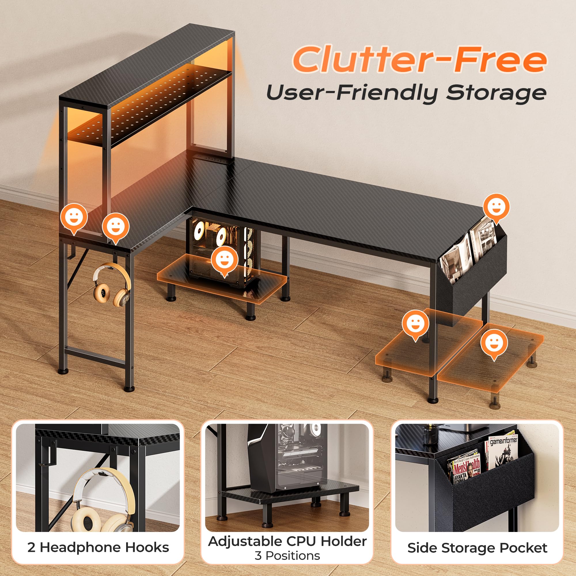 PRAISUN L Shaped Gaming Desk with LED Lights & Power Outlets, Reversible Computer Desk with Storage Shelves & Bag, Large Corner Home Office Desk with Pegboard for Work from Home, Black - Flex Gamingproduct_type