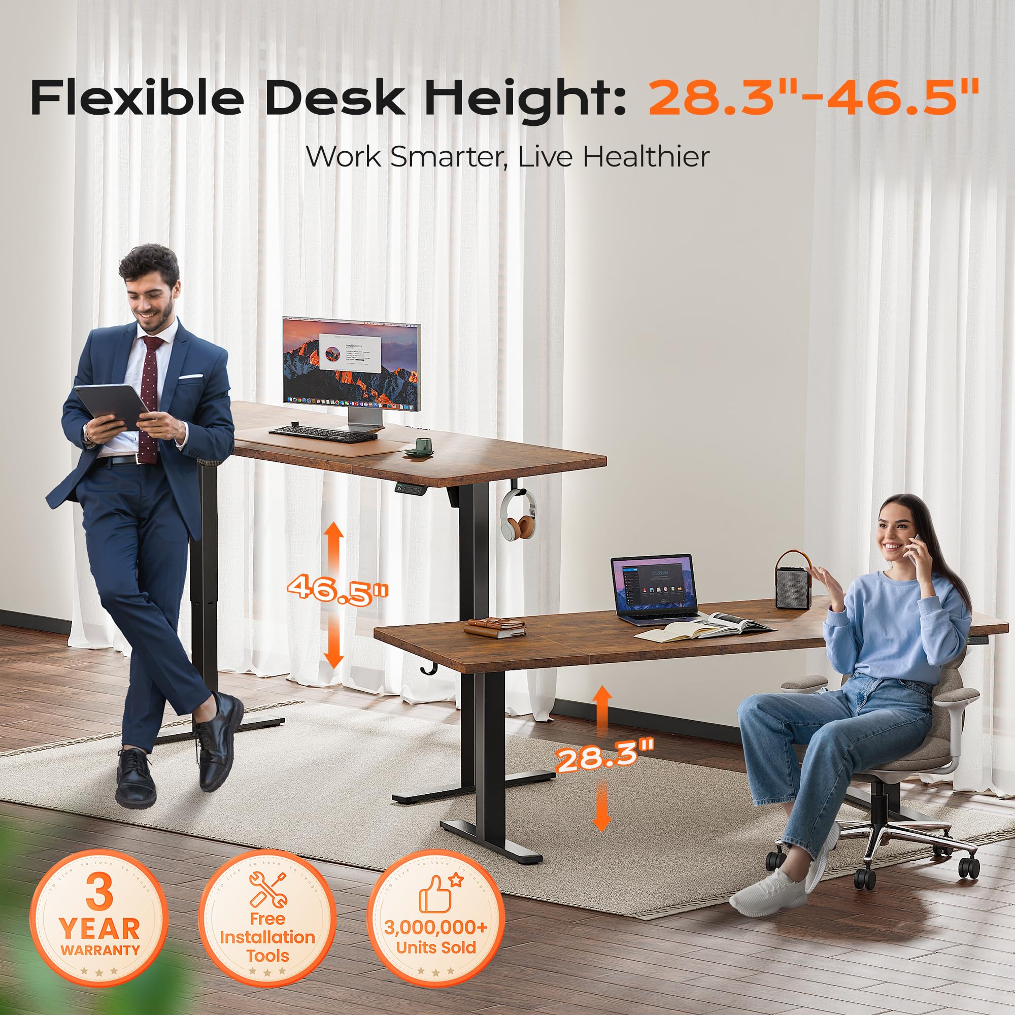 Huuger 55 x 28 Large Electric Standing Desk, Height Adjustable Computer Desk, 27.6" Deep Desktop, Stand up Gaming Office Table with 2 Hooks, 3 Preset Heights, for Home Office, Black - Flex Gamingproduct_type