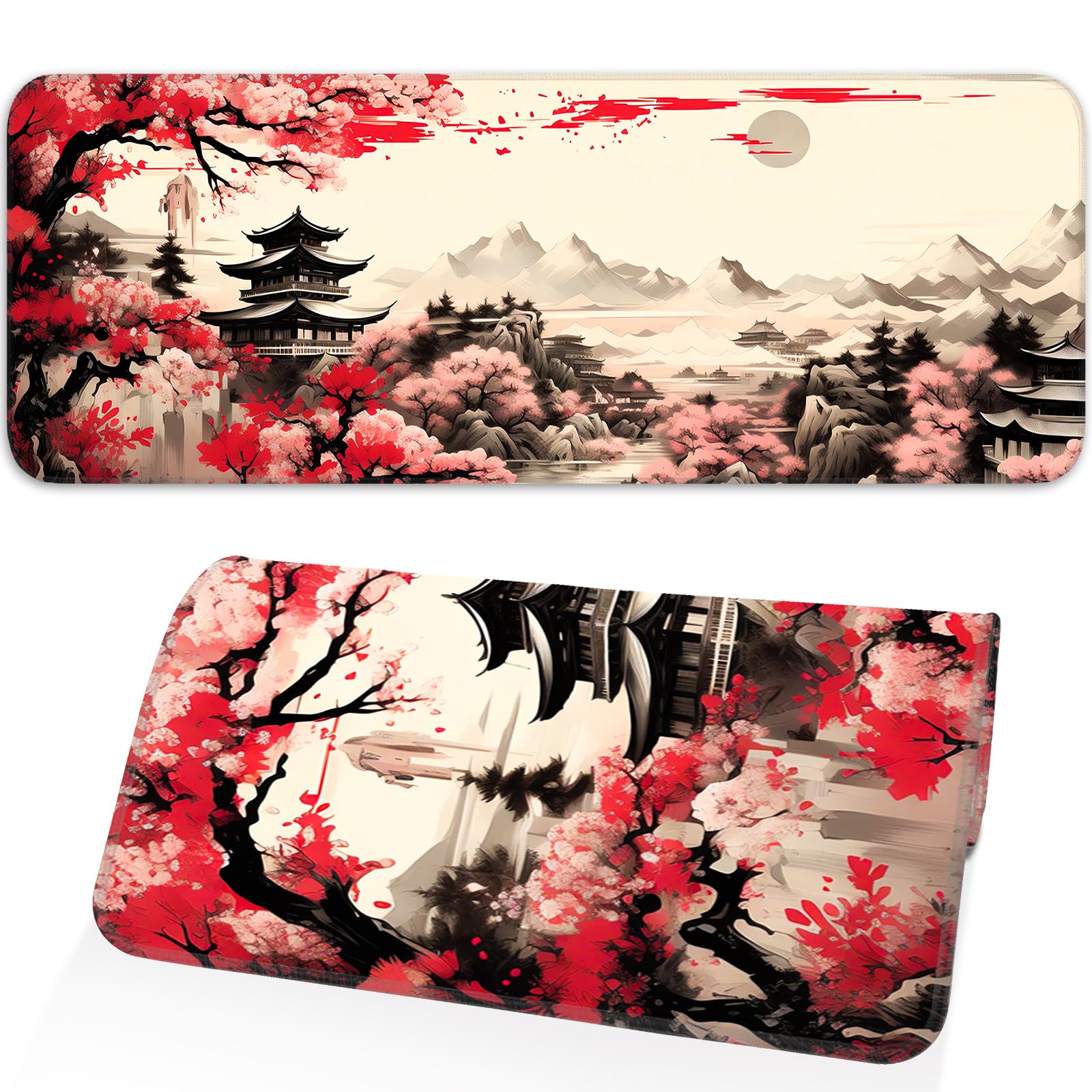 Japanese Dark Red Moon Gaming Mouse Pad, Extended Mouse Pad with Non-Slip Base, Full Keyboard Pad with Stitched Edges, Large Desk Pad for Gaming, Office, Home 31.5 x 11.8 Inch - Flex Gamingproduct_type