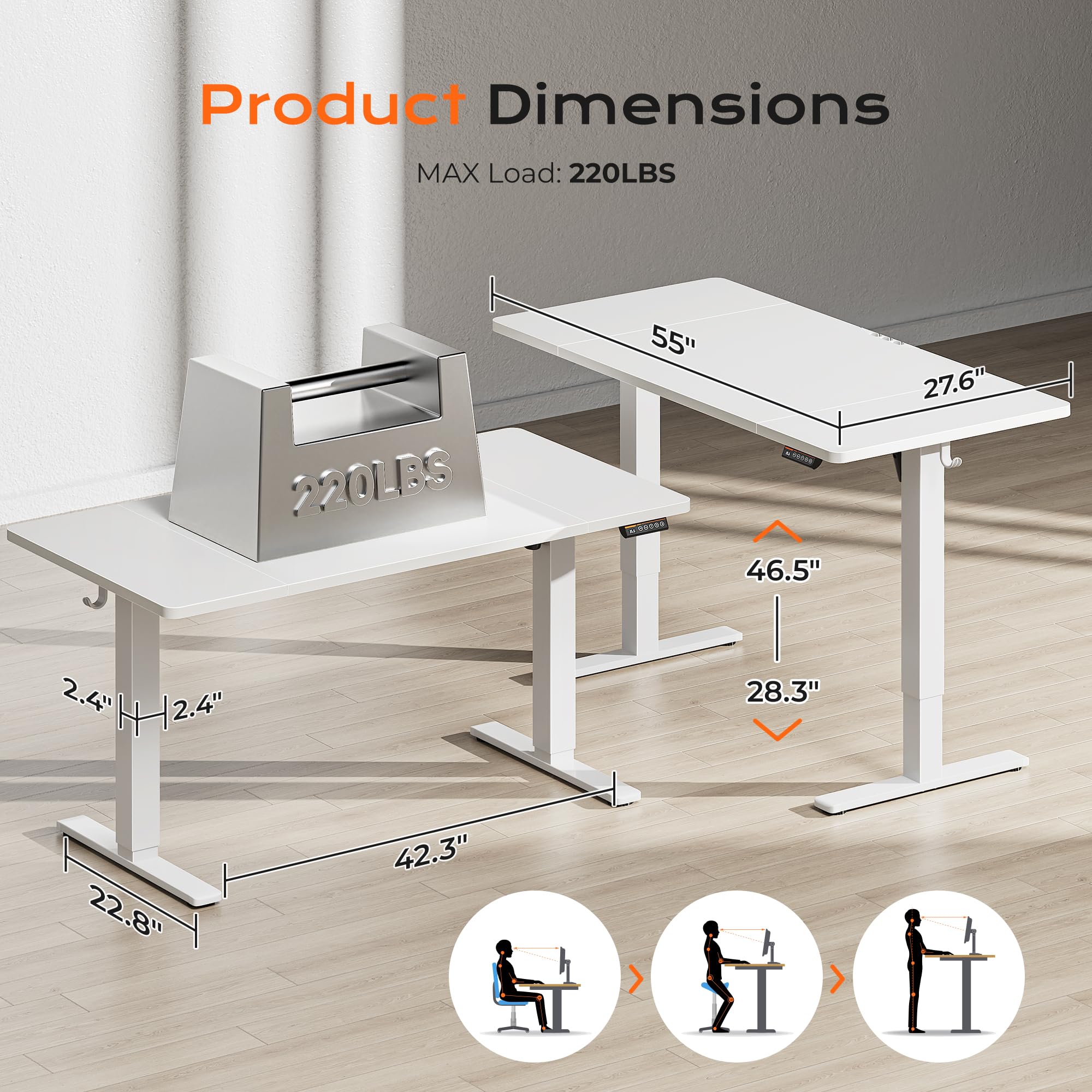 Huuger 55 x 28 Large Electric Standing Desk, Height Adjustable Computer Desk, 27.6" Deep Desktop, Stand up Gaming Office Table with 2 Hooks, 3 Preset Heights, for Home Office, Black - Flex Gamingproduct_type