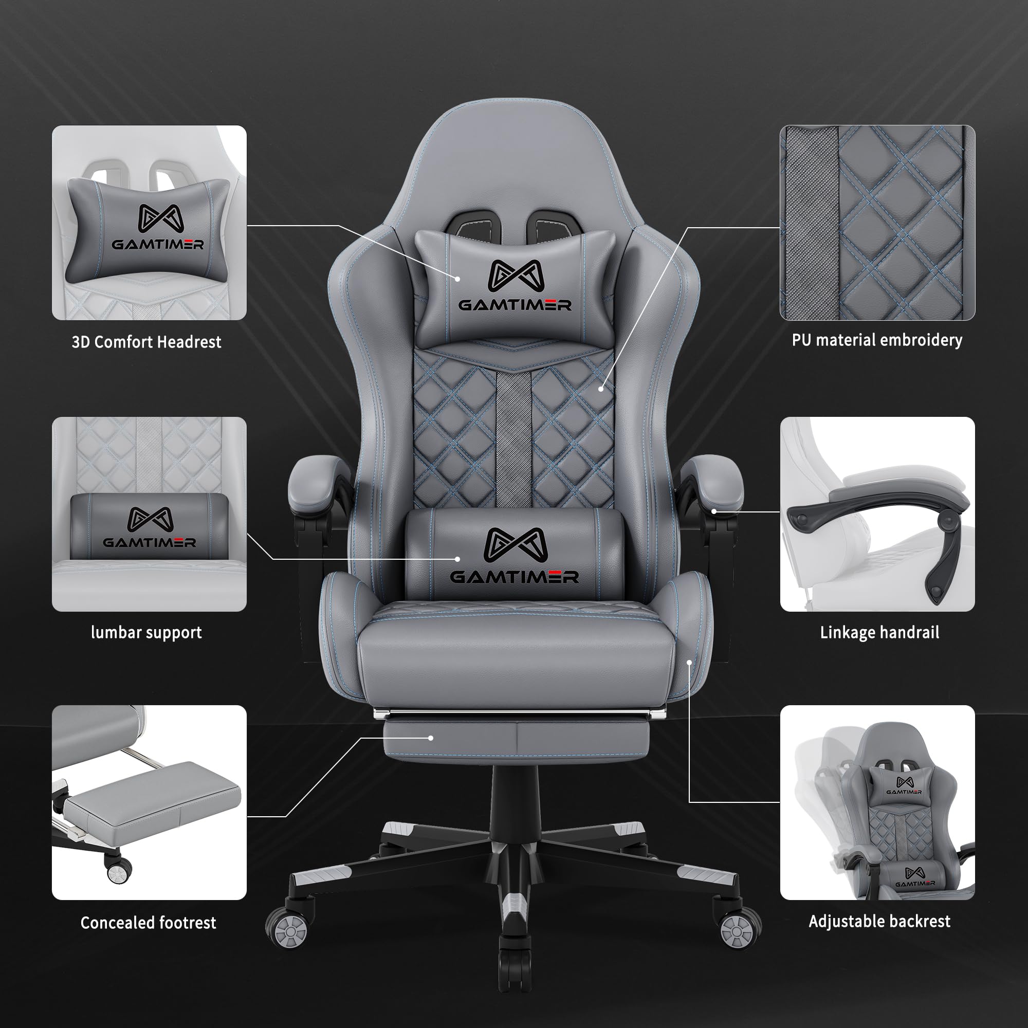 Gamtimer Gaming Chair, 400 LB Weight Capacity,with Pocket Spring Cushion | Ergonomic Backrest Office Chair,Leather, with Headrest and Lumbar Support, Footrest, Suitable for Adults(Blue) - Flex Gamingproduct_type