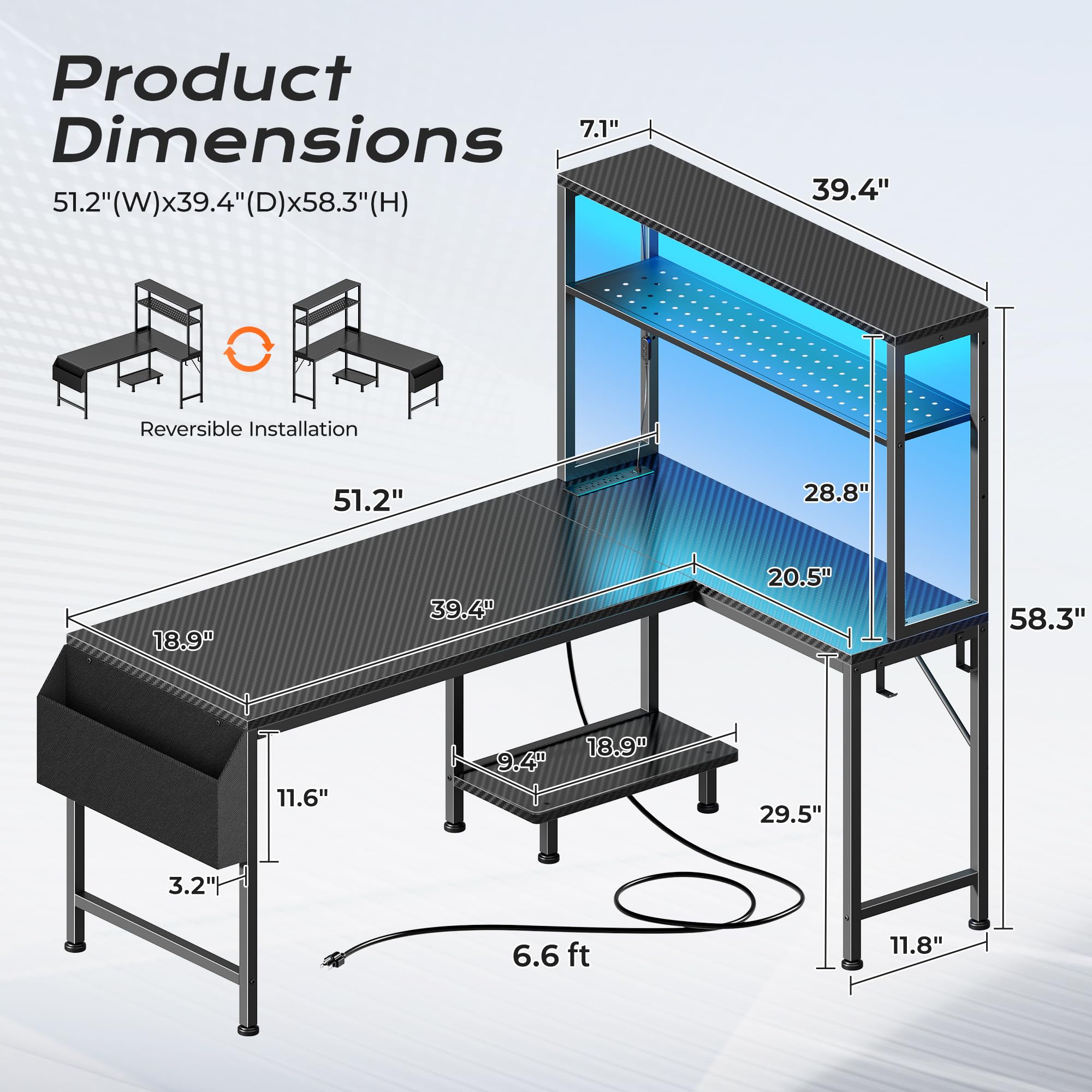 PRAISUN L Shaped Gaming Desk with LED Lights & Power Outlets, Reversible Computer Desk with Storage Shelves & Bag, Large Corner Home Office Desk with Pegboard for Work from Home, Black - Flex Gamingproduct_type