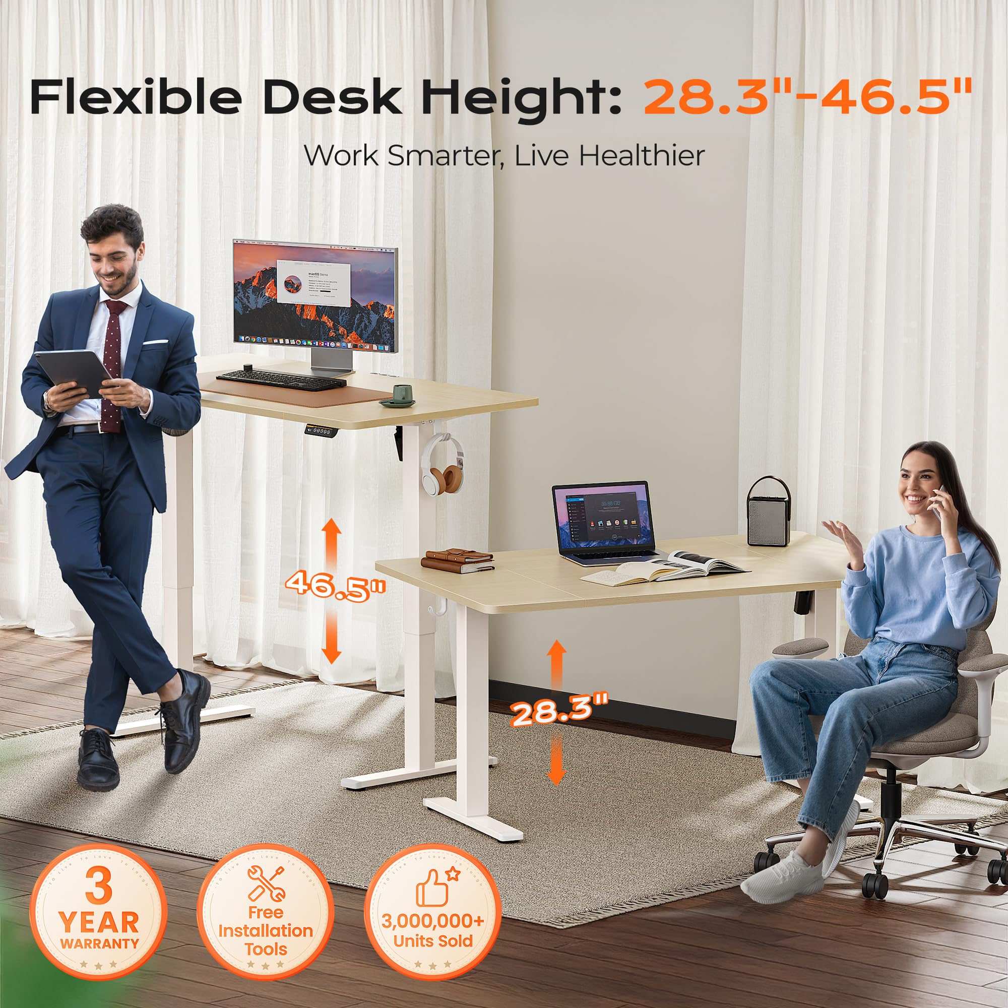 Huuger 55 x 28 Large Electric Standing Desk, Height Adjustable Computer Desk, 27.6" Deep Desktop, Stand up Gaming Office Table with 2 Hooks, 3 Preset Heights, for Home Office, Black - Flex Gamingproduct_type