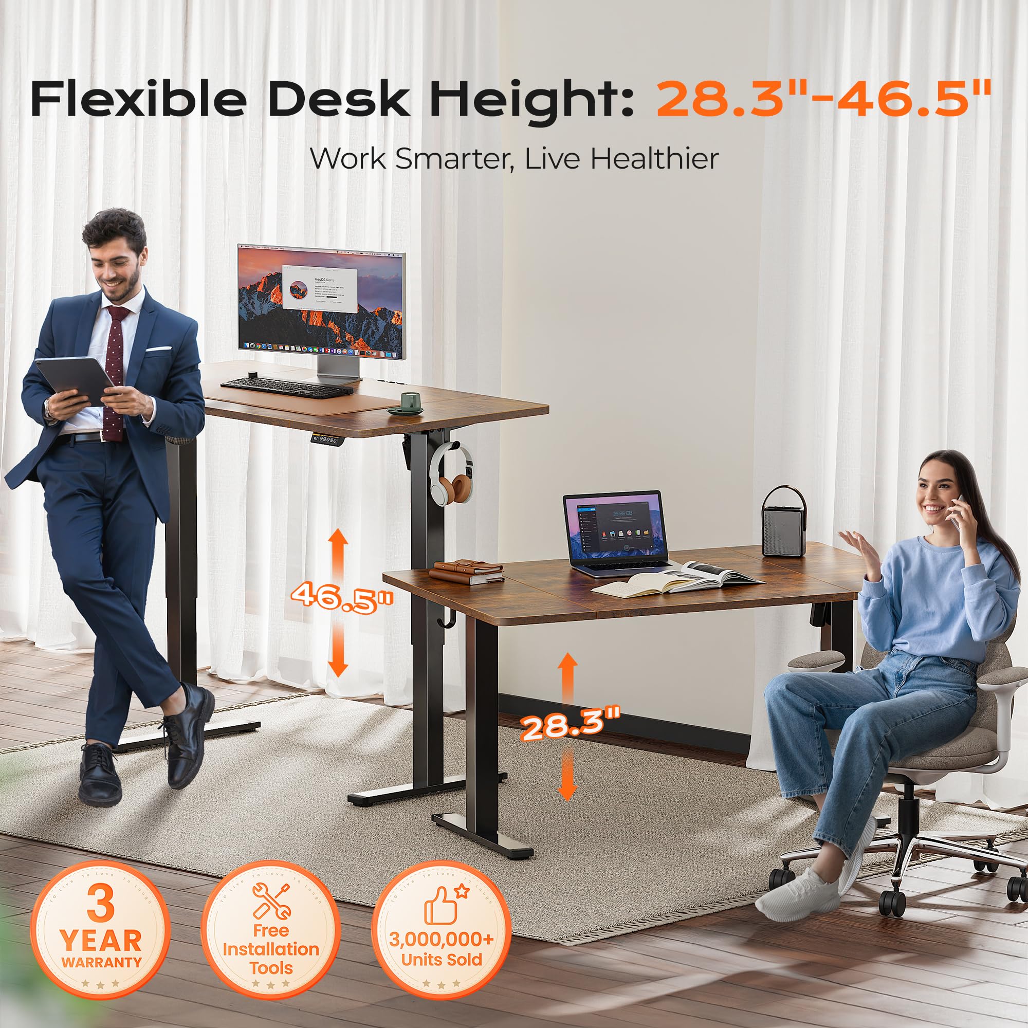 Huuger 55 x 28 Large Electric Standing Desk, Height Adjustable Computer Desk, 27.6" Deep Desktop, Stand up Gaming Office Table with 2 Hooks, 3 Preset Heights, for Home Office, Black - Flex Gamingproduct_type