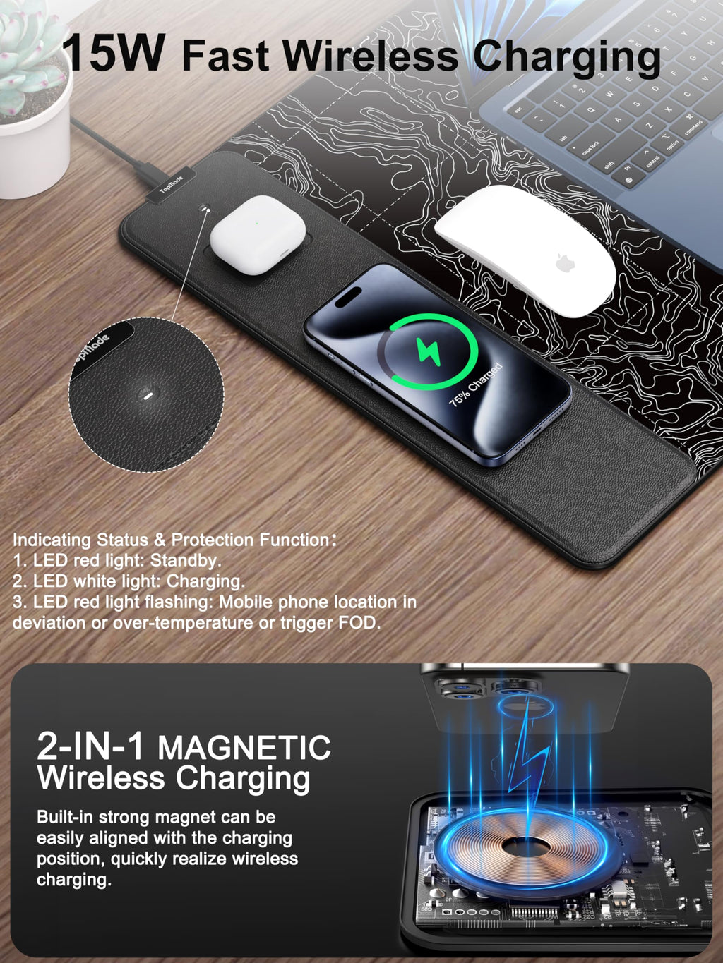 TopMade Wireless Charging RGB Mouse Pad, Waterproof Gaming Desk Mat with 4 Light Modes & 11 RGB Colors, 31.5"x15.75" XXL Large Desk Pad(Includes 20W PD Power Adapter & 6.56ft Woven Cable) - Flex Gamingproduct_type