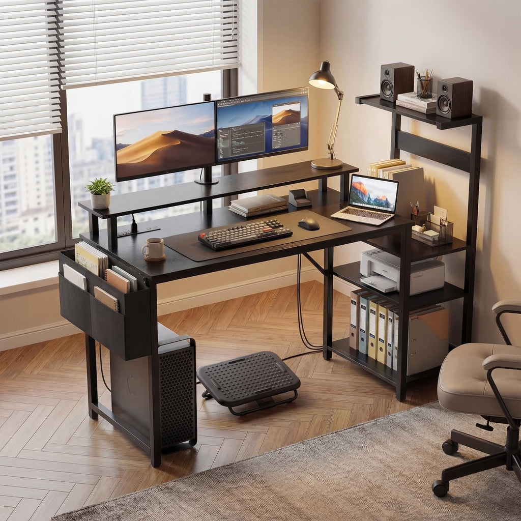 Apicizon 43 Inch Gaming Desk with LED Setup Style, Computer Desk with Storage Shelves & Monitor Stand, Reversible Workstation for Small Space, Home Office Desk Black - Flex Gamingproduct_type