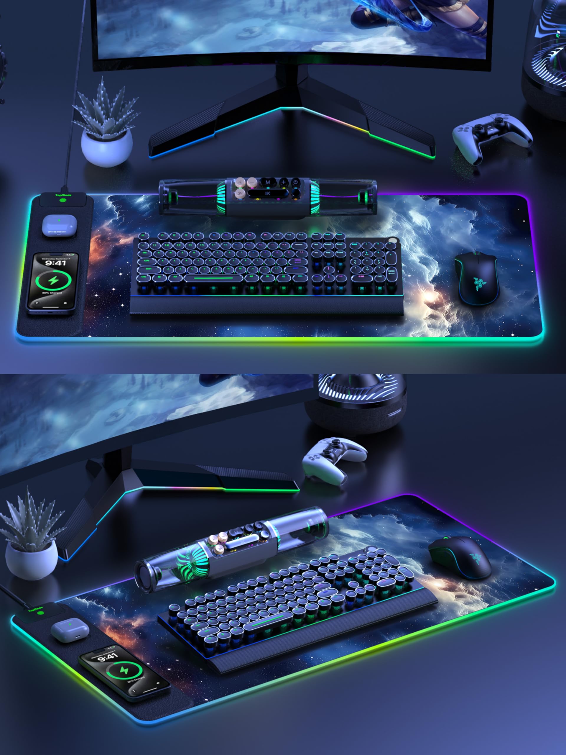 TopMade Wireless Charging RGB Mouse Pad, Waterproof Gaming Desk Mat with 4 Light Modes & 11 RGB Colors, 31.5"x15.75" XXL Large Desk Pad(Includes 20W PD Power Adapter & 6.56ft Woven Cable) - Flex Gamingproduct_type