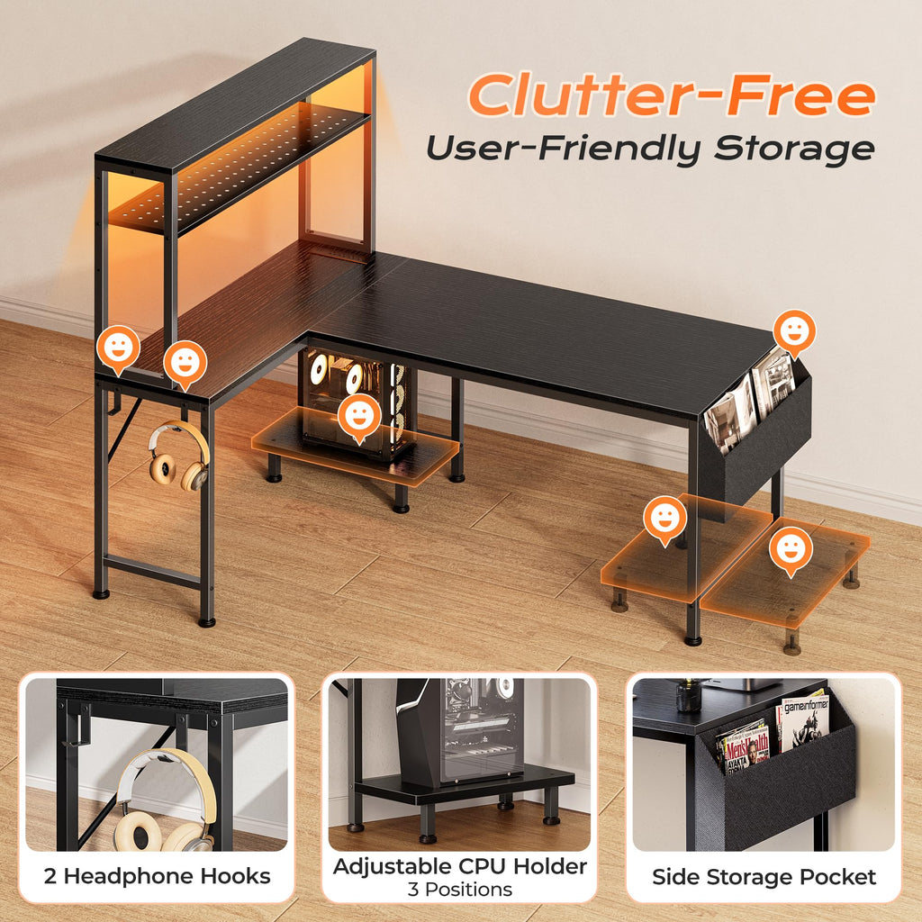 PRAISUN L Shaped Gaming Desk with LED Lights & Power Outlets, Reversible Computer Desk with Storage Shelves & Bag, Large Corner Home Office Desk with Pegboard for Work from Home, Black - Flex Gamingproduct_type