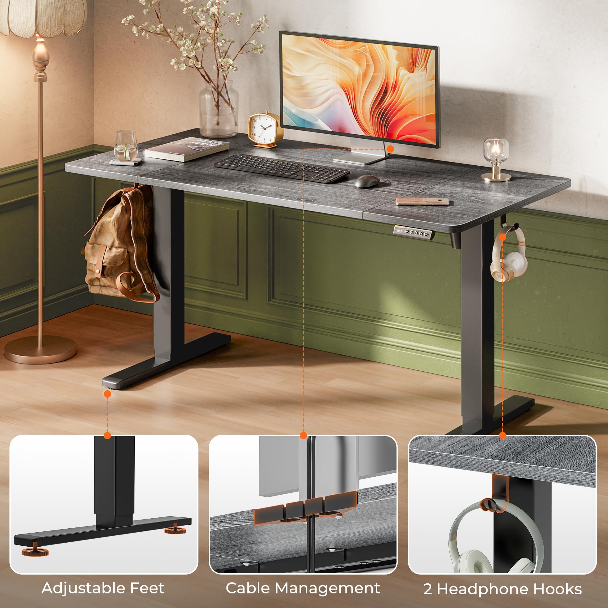 Huuger 55 x 28 Large Electric Standing Desk, Height Adjustable Computer Desk, 27.6" Deep Desktop, Stand up Gaming Office Table with 2 Hooks, 3 Preset Heights, for Home Office, Black - Flex Gamingproduct_type
