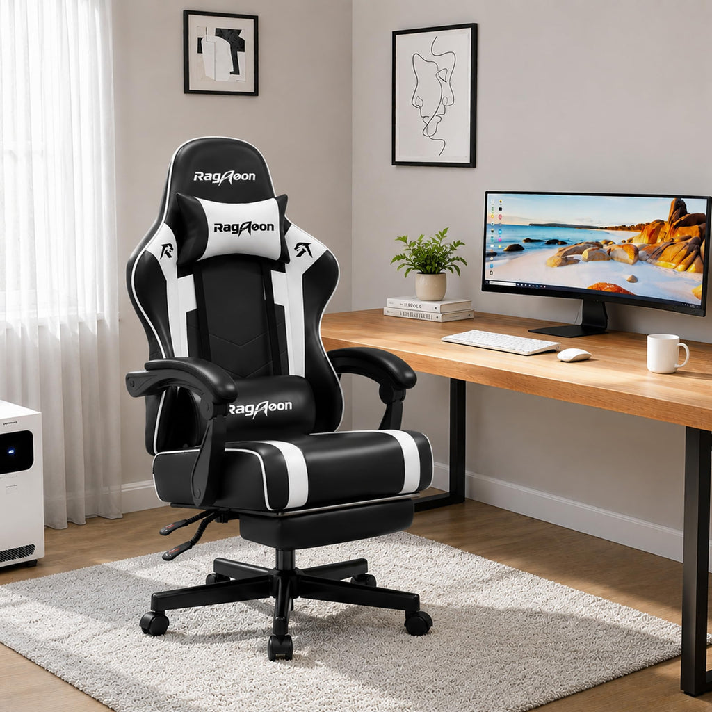 Gaming Chair for Adults Gamer Game Ergonomic PC Chair, 7-Point Support | Pocket Springs & Foam,51cm Wide Seat,Sync Armrests, 90°-135° Backrest, PU Leather, Black and White, 400lbs Load - Flex Gamingproduct_type