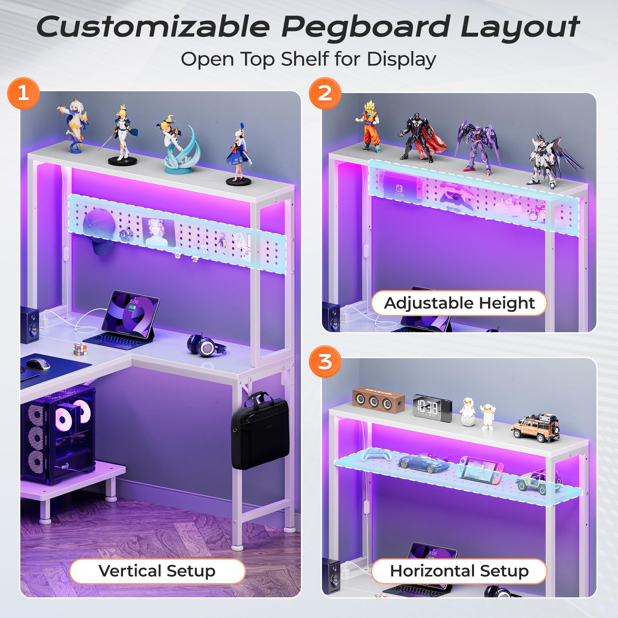 PRAISUN L Shaped Gaming Desk with LED Lights & Power Outlets, Reversible Computer Desk with Storage Shelves & Bag, Large Corner Home Office Desk with Pegboard for Work from Home, Black - Flex Gamingproduct_type