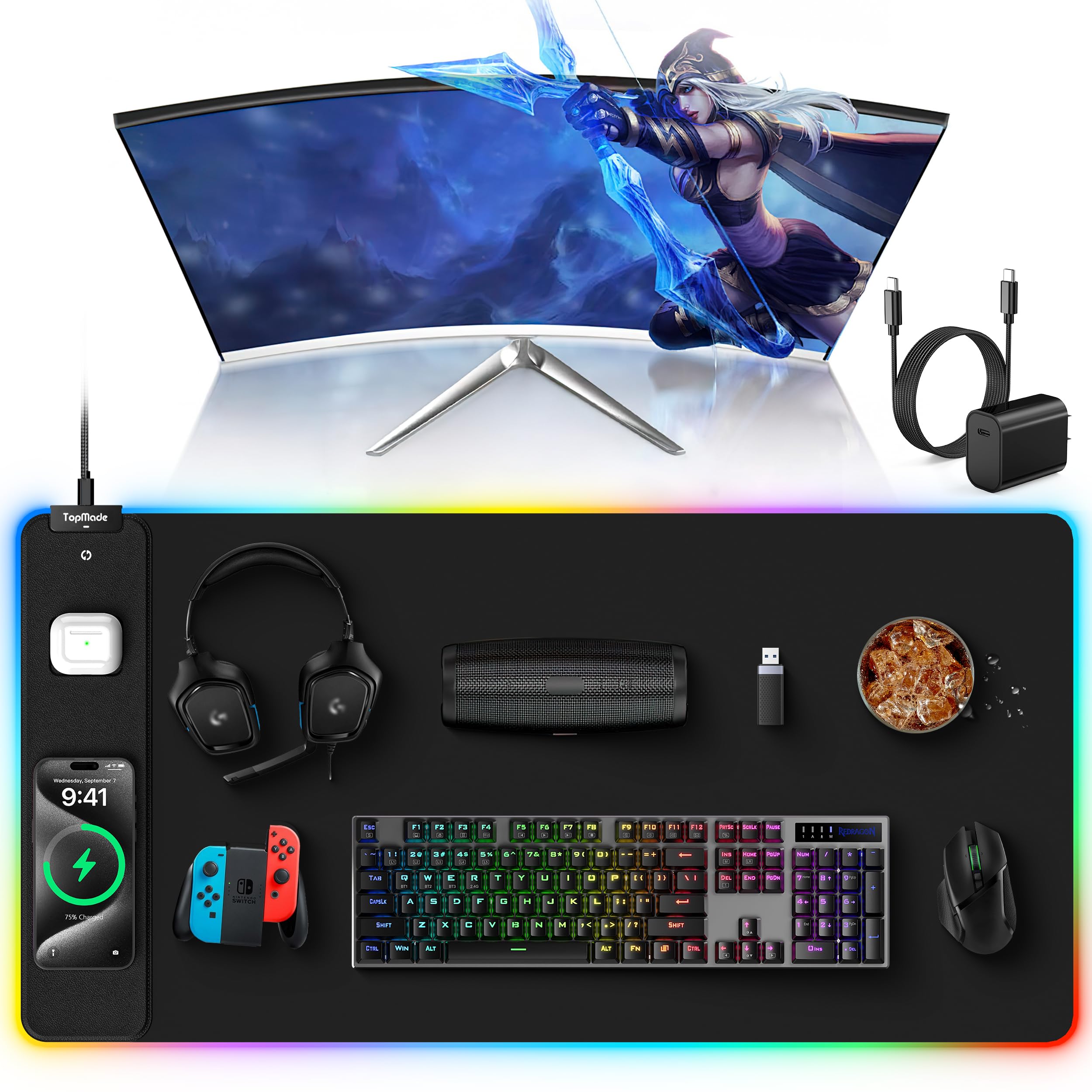 TopMade Wireless Charging RGB Mouse Pad, Waterproof Gaming Desk Mat with 4 Light Modes & 11 RGB Colors, 31.5"x15.75" XXL Large Desk Pad(Includes 20W PD Power Adapter & 6.56ft Woven Cable) - Flex Gamingproduct_type