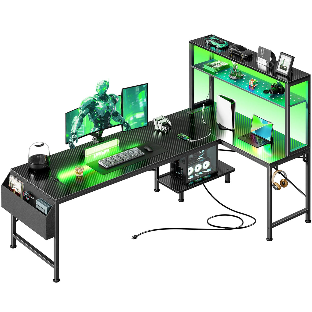 PRAISUN L Shaped Gaming Desk with LED Lights & Power Outlets, Reversible Computer Desk with Storage Shelves & Bag, Large Corner Home Office Desk with Pegboard for Work from Home, Black - Flex Gamingproduct_type