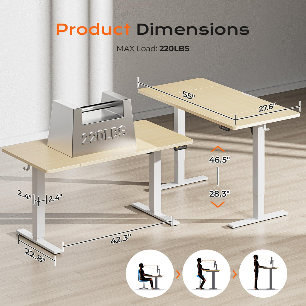 Huuger 55 x 28 Large Electric Standing Desk, Height Adjustable Computer Desk, 27.6" Deep Desktop, Stand up Gaming Office Table with 2 Hooks, 3 Preset Heights, for Home Office, Black - Flex Gamingproduct_type