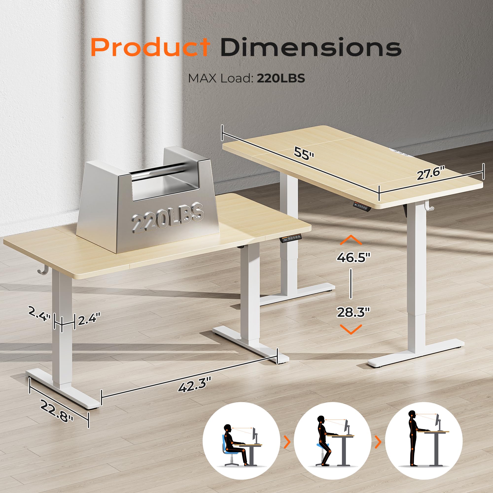 Huuger 55 x 28 Large Electric Standing Desk, Height Adjustable Computer Desk, 27.6" Deep Desktop, Stand up Gaming Office Table with 2 Hooks, 3 Preset Heights, for Home Office, Black - Flex Gamingproduct_type