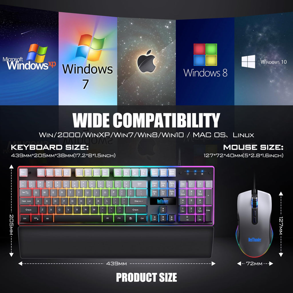 RedThunder K10 Wired Gaming Keyboard and Mouse and Wrist Rest Combo, RGB Backlit, Mechanical Feel Anti-ghosting Keyboard + 7D 7200 DPI Mice+Soft Leather Wrist Rest 3 in 1 PC Gamer Accessories(Black) - Flex Gamingproduct_type