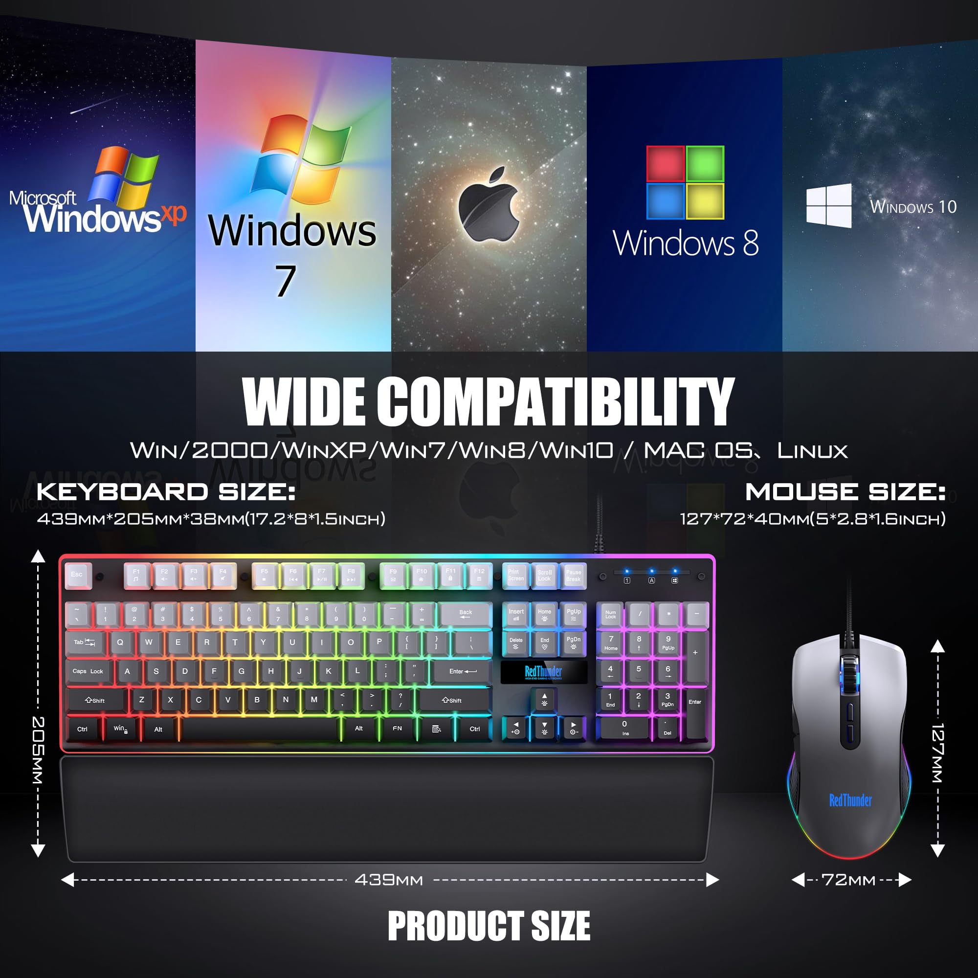 RedThunder K10 Wired Gaming Keyboard and Mouse and Wrist Rest Combo, RGB Backlit, Mechanical Feel Anti-ghosting Keyboard + 7D 7200 DPI Mice+Soft Leather Wrist Rest 3 in 1 PC Gamer Accessories(Black) - Flex Gamingproduct_type