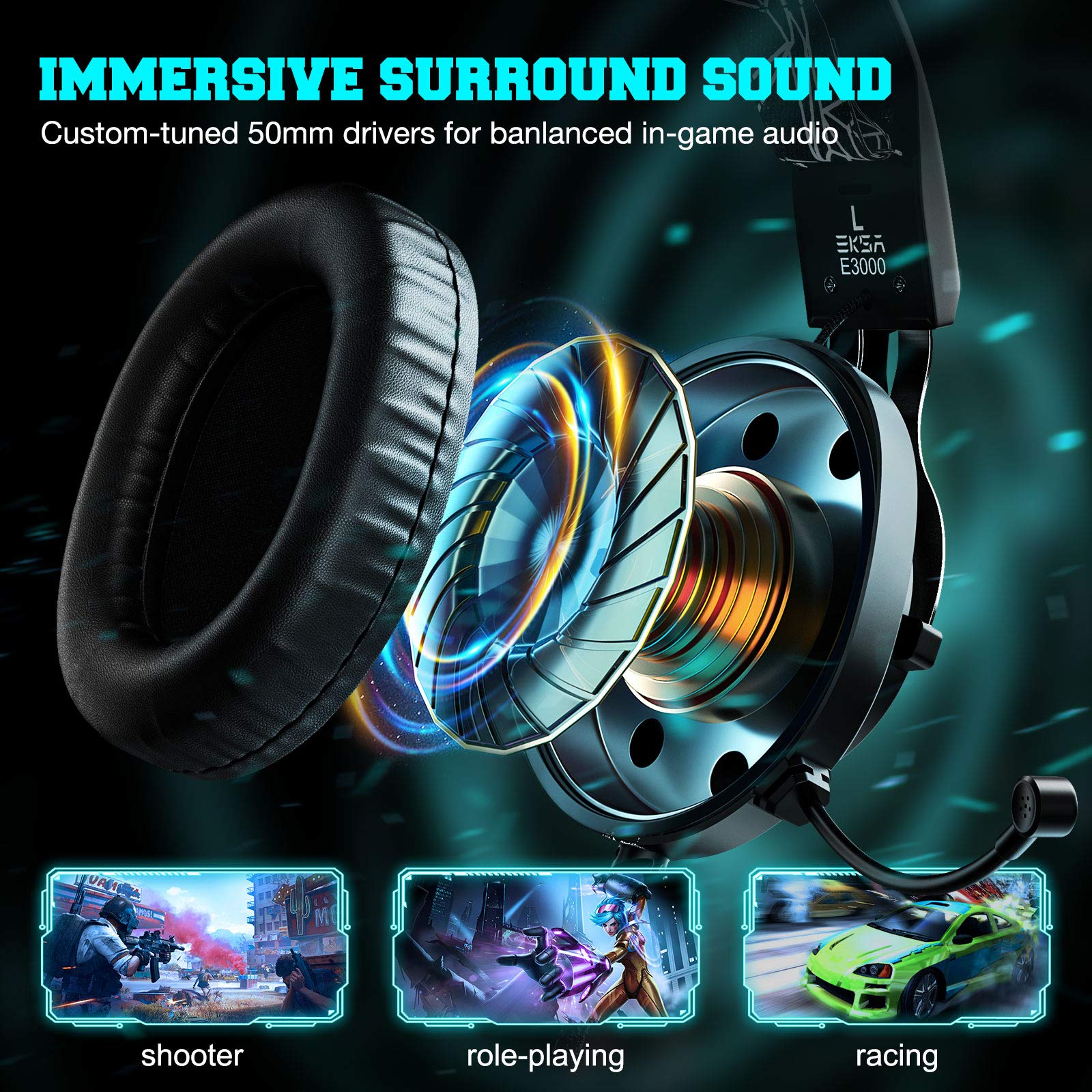 EKSA USB Gaming Headset for PC, Computer Gaming Headphones with Detachable Microphone Noise Cancelling, 7.1 Surround Sound, 50MM Driver, Wired Headset for PS4 PS5, Xbox One, Laptop (Yellow) - Flex Gamingproduct_type