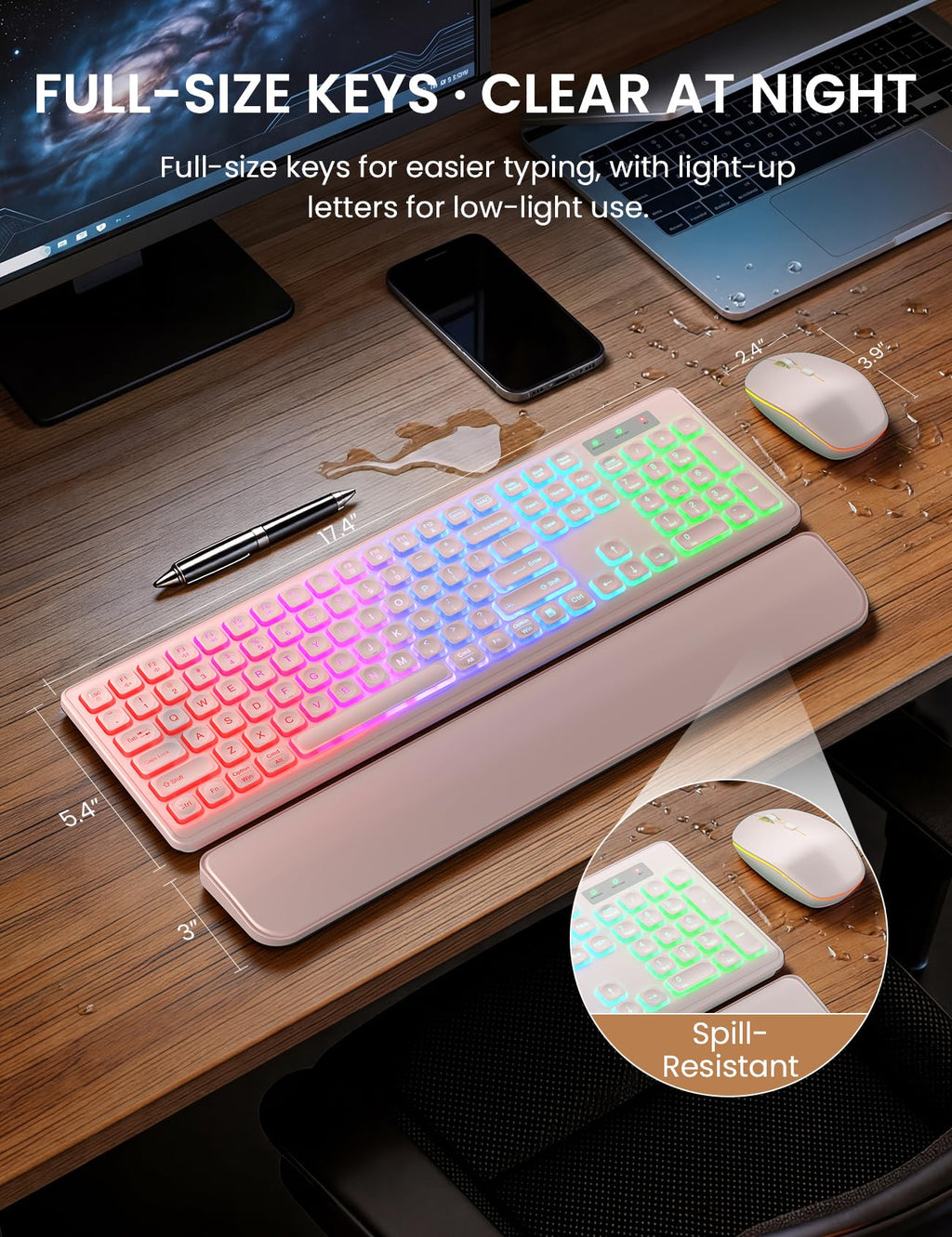 Wireless Keyboard and Mouse Combo, RGB Backlit, Rechargeable & Light Up Letters, Full-Size, Soft Typing, Sleep Mode, 2.4GHz Quiet Keyboard Set for Mac, Windows, Laptop, PC, Trueque KM42Pro (Black) - Flex Gamingproduct_type