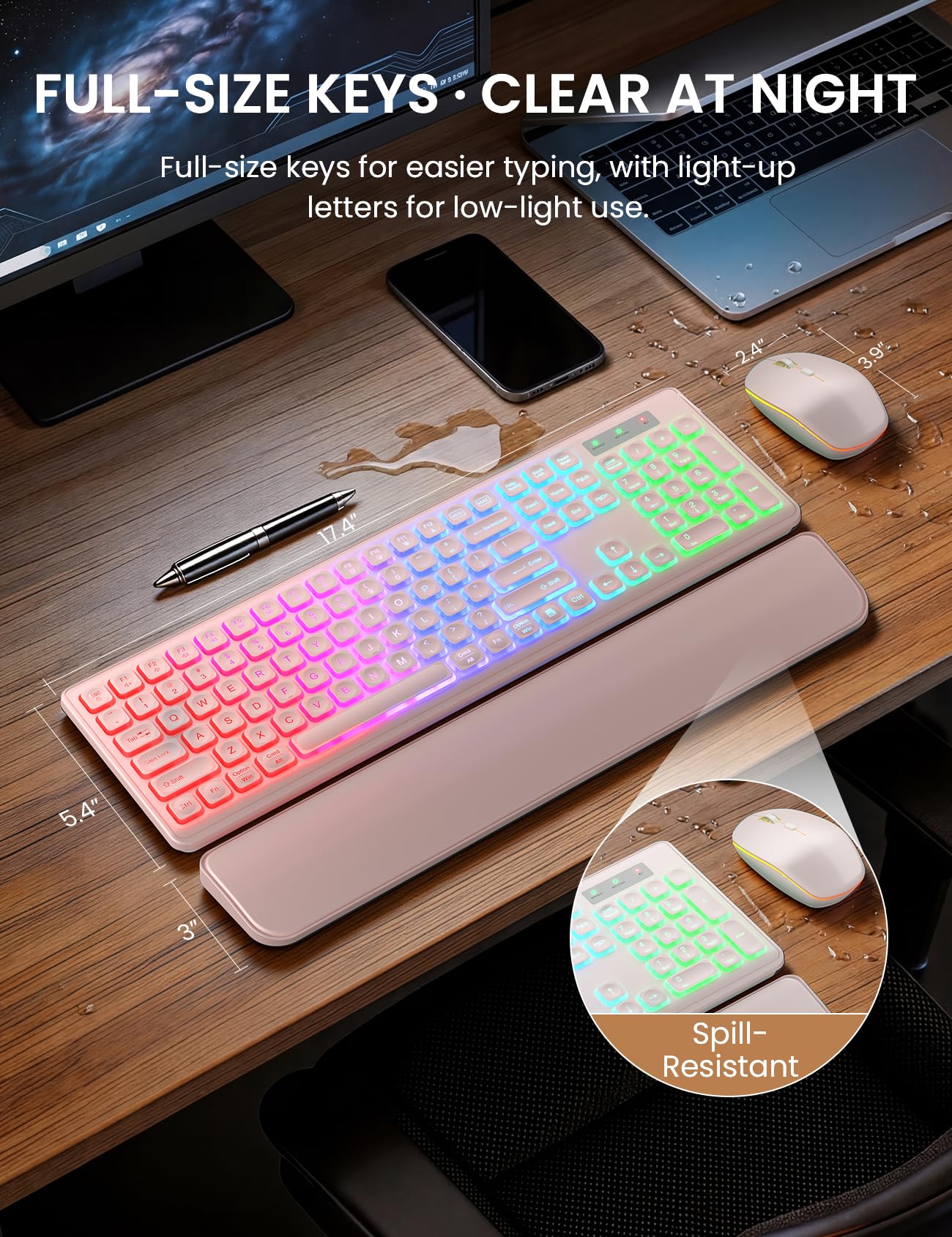Wireless Keyboard and Mouse Combo, RGB Backlit, Rechargeable & Light Up Letters, Full-Size, Soft Typing, Sleep Mode, 2.4GHz Quiet Keyboard Set for Mac, Windows, Laptop, PC, Trueque KM42Pro (Black) - Flex Gamingproduct_type