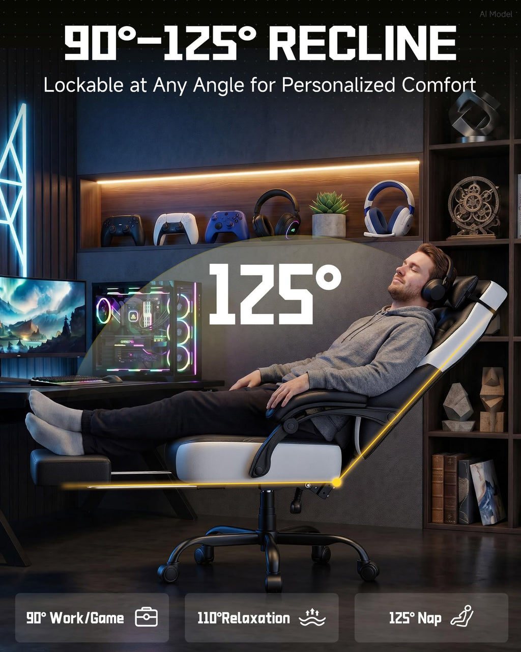 GTPLAYER Big & Tall Gaming Chair, 90°-155° Adjustable Reclining Office Seat with Footrest, Ergonomic Comfy Computer Desk Chair for Adults, Home Office Gaming Study Use, Black - Flex Gamingproduct_type