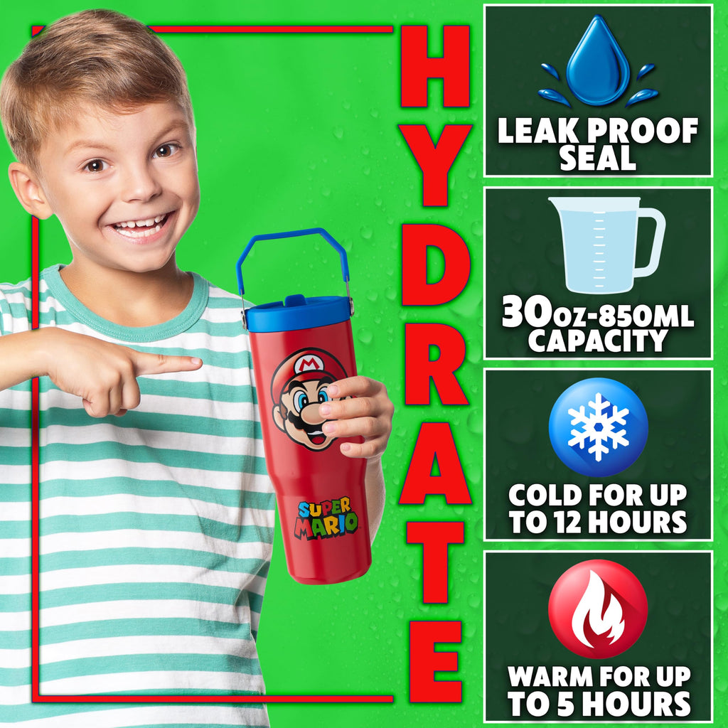 Get Trend Super Mario Tumbler Stainless Steel with Straw 30oz Kids Teens Insulated Cup with Lid Travel Mug Cups for School Sports Gifts for Kids (Red Super Mario) - Flex Gamingproduct_type