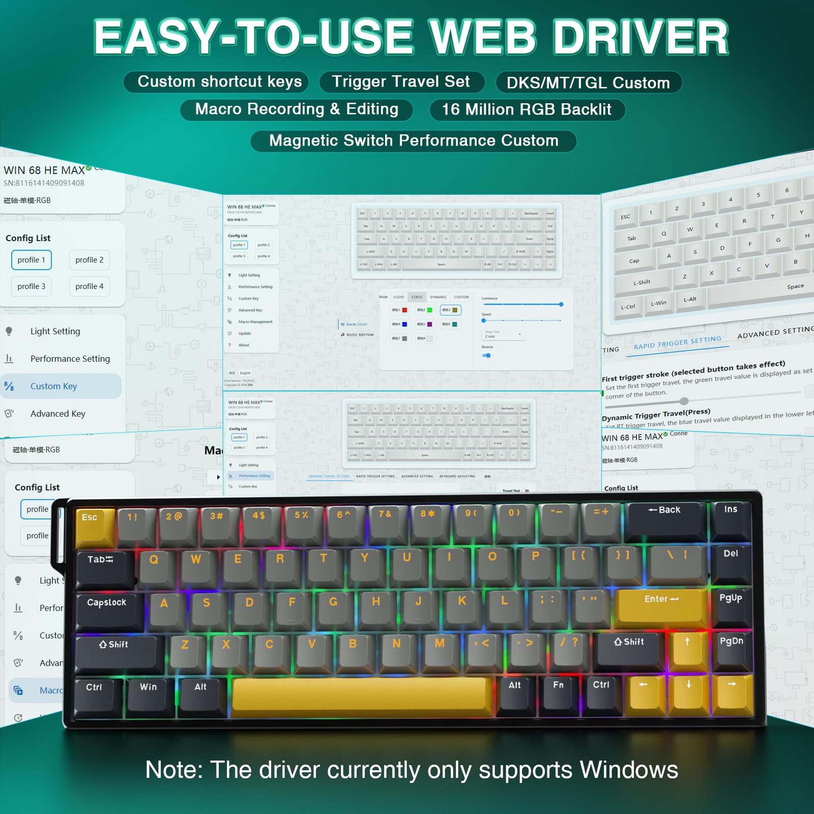 AULA WIN68 HE Mechanical Gaming Keyboard 60%, Hall Effect Magnetic Switch, Fast Trigger Mode Adjustable Actuation, 8000Hz Polling Rate, RGB Backlit, Wired Black Keyboard for Laptop/PC Gamer - Flex Gamingproduct_type