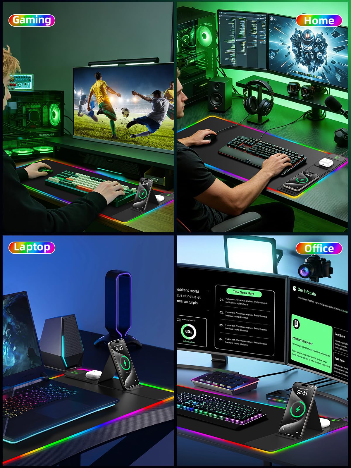 XXL Mouse Pad with Phone Holder - Black, RGB Desk Mat with 15W Fast Charging, LED Gaming Mousepad with 11 Light Colors, Waterproof Non-Slip Pad for Office & Home (Wave) - Flex Gamingproduct_type