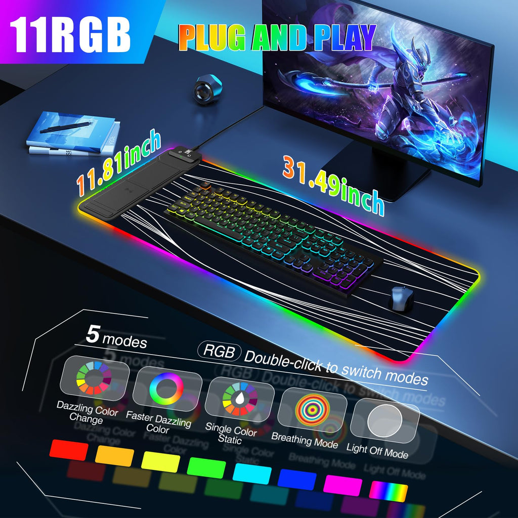 XXL Mouse Pad with Phone Holder - Black, RGB Desk Mat with 15W Fast Charging, LED Gaming Mousepad with 11 Light Colors, Waterproof Non-Slip Pad for Office & Home (Wave) - Flex Gamingproduct_type