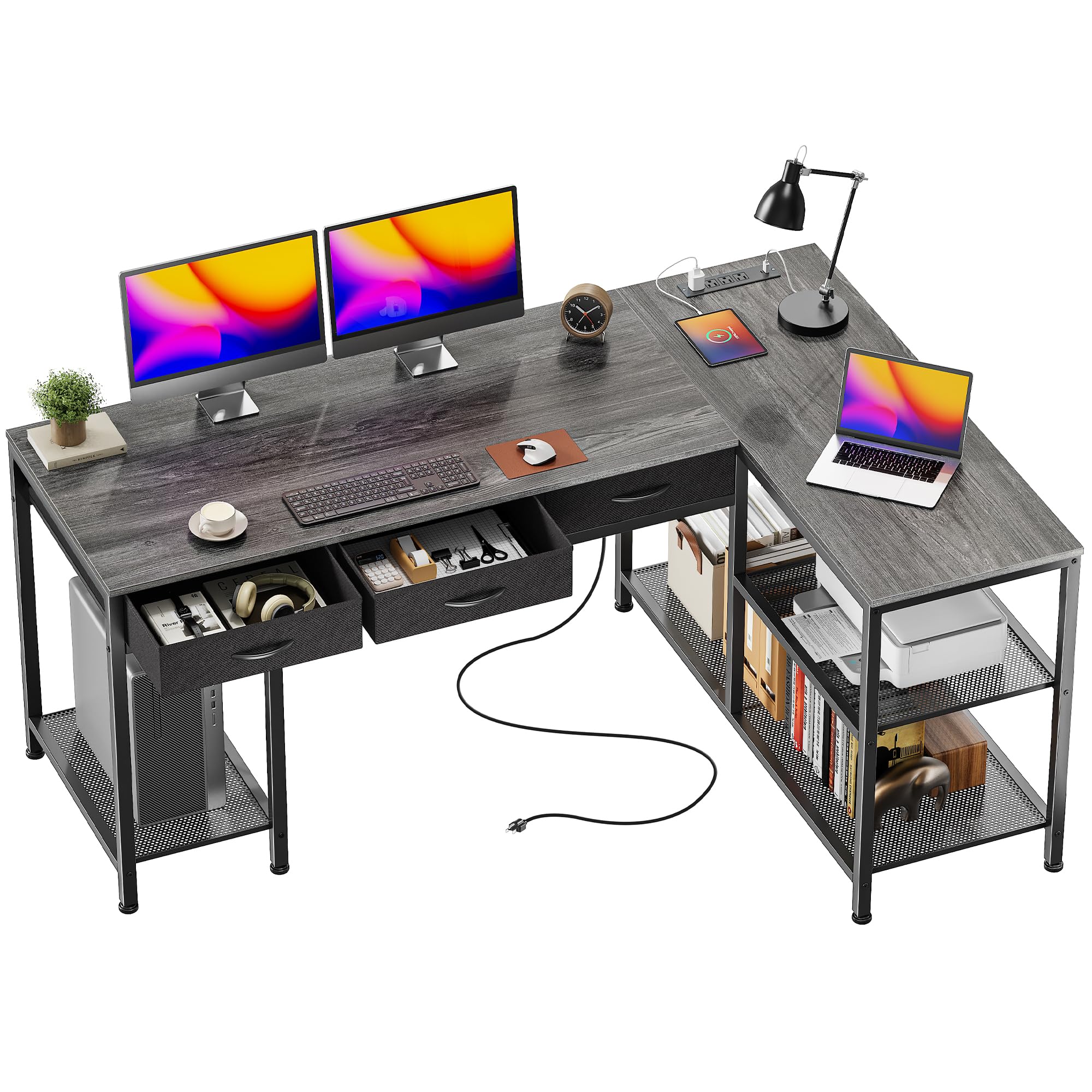 PRAISUN 55 Inch L Shaped Office Desk with Power Outlets and Type-C Port, Large Computer Gaming Desk with 3 Fabric Drawers, Mesh Shelves, Corner Study Work Writing Desk, Rustic Brown - Flex Gamingproduct_type