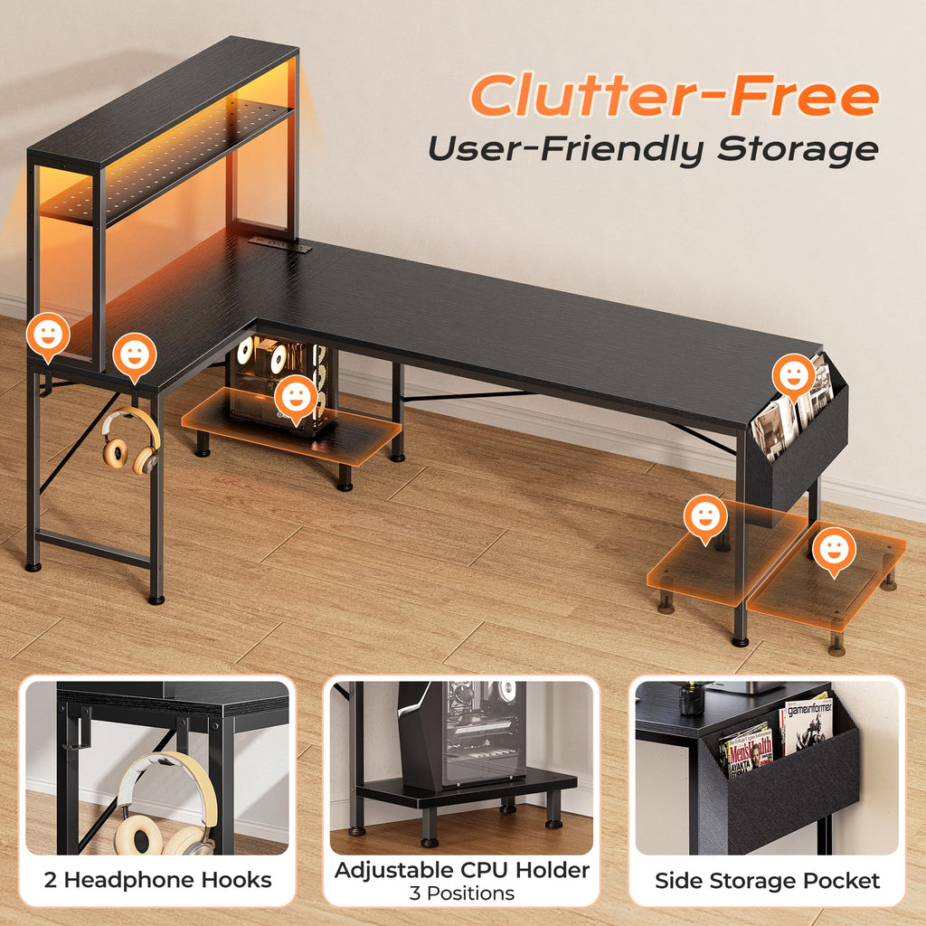 PRAISUN L Shaped Gaming Desk with LED Lights & Power Outlets, Reversible Computer Desk with Storage Shelves & Bag, Large Corner Home Office Desk with Pegboard for Work from Home, Black - Flex Gamingproduct_type