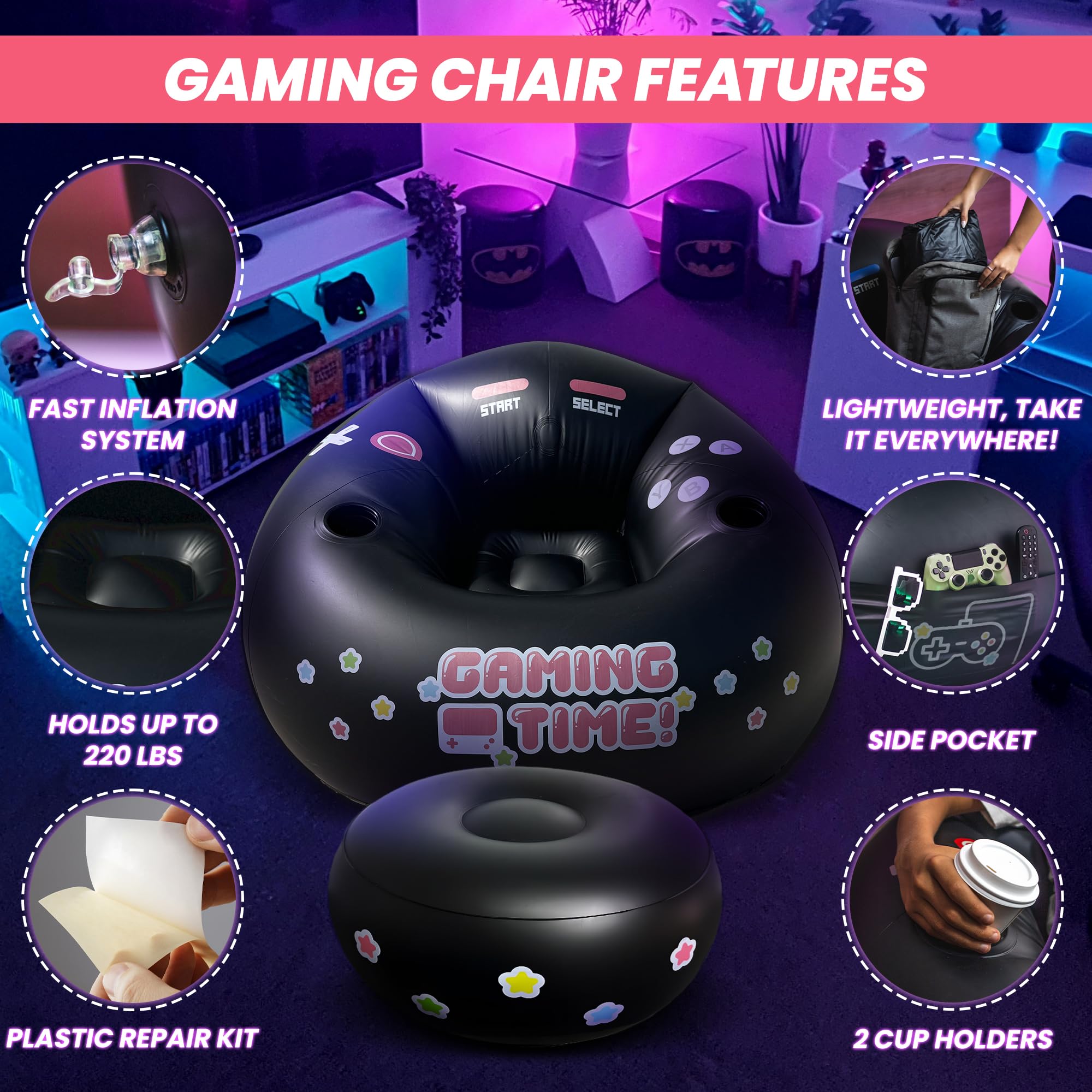 Inflatable Gaming Chair for Kids & Teens with Cup Holders and Side Pocket - This Air Gaming Bean Bag Chairs for kids is The Perfect Furniture for Gamer Room Decor - Perfect Gaming Stuff for boys 4-12 - Flex Gamingproduct_type